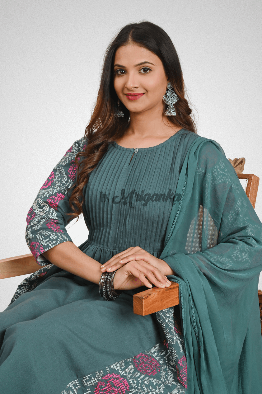 Green Cotton Flax A-Line Suit Set with Embroidery, Loop Buttons & Chiffon Dupatta by Mriganka