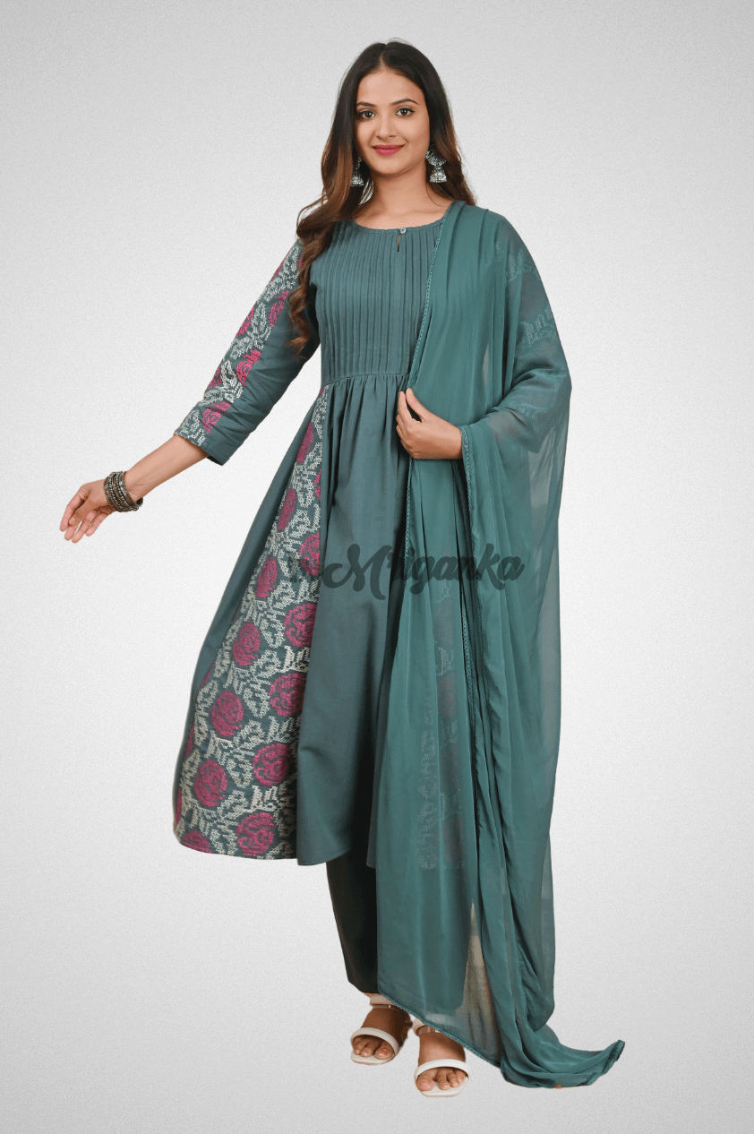 Green Cotton Flax A-Line Suit Set with Embroidery, Loop Buttons & Chiffon Dupatta by Mriganka