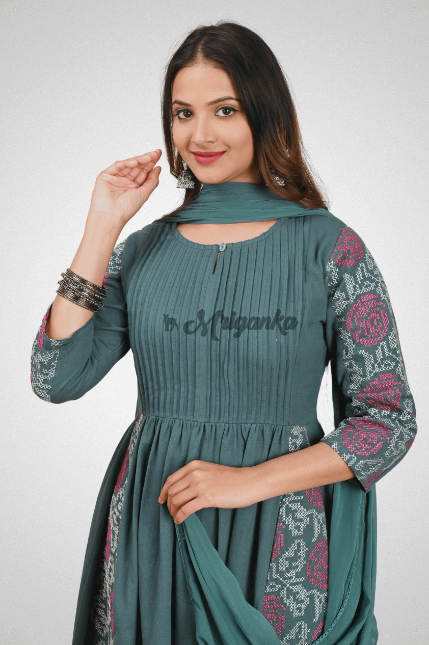 Green Cotton Flax A-Line Suit Set with Embroidery, Loop Buttons & Chiffon Dupatta by Mriganka