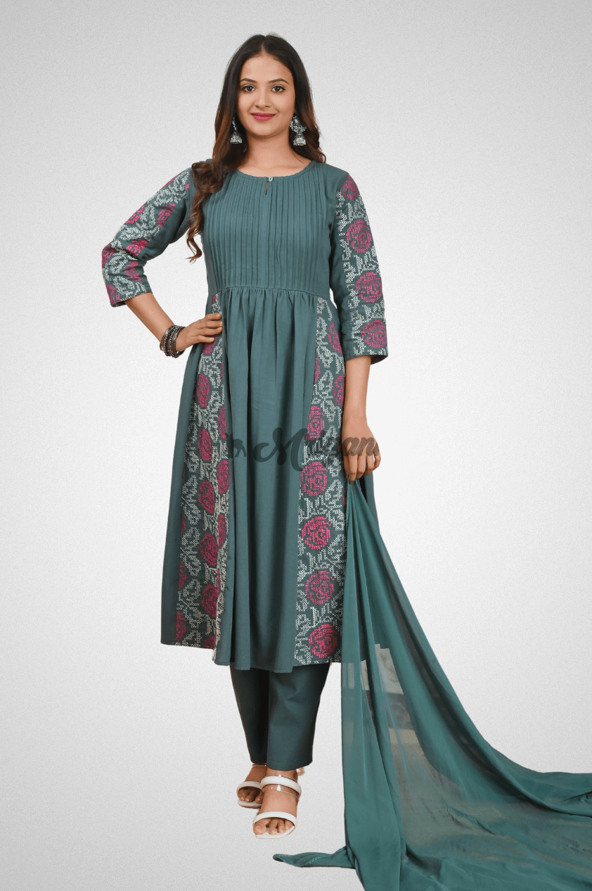 Green Cotton Flax A-Line Suit Set with Embroidery, Loop Buttons & Chiffon Dupatta by Mriganka
