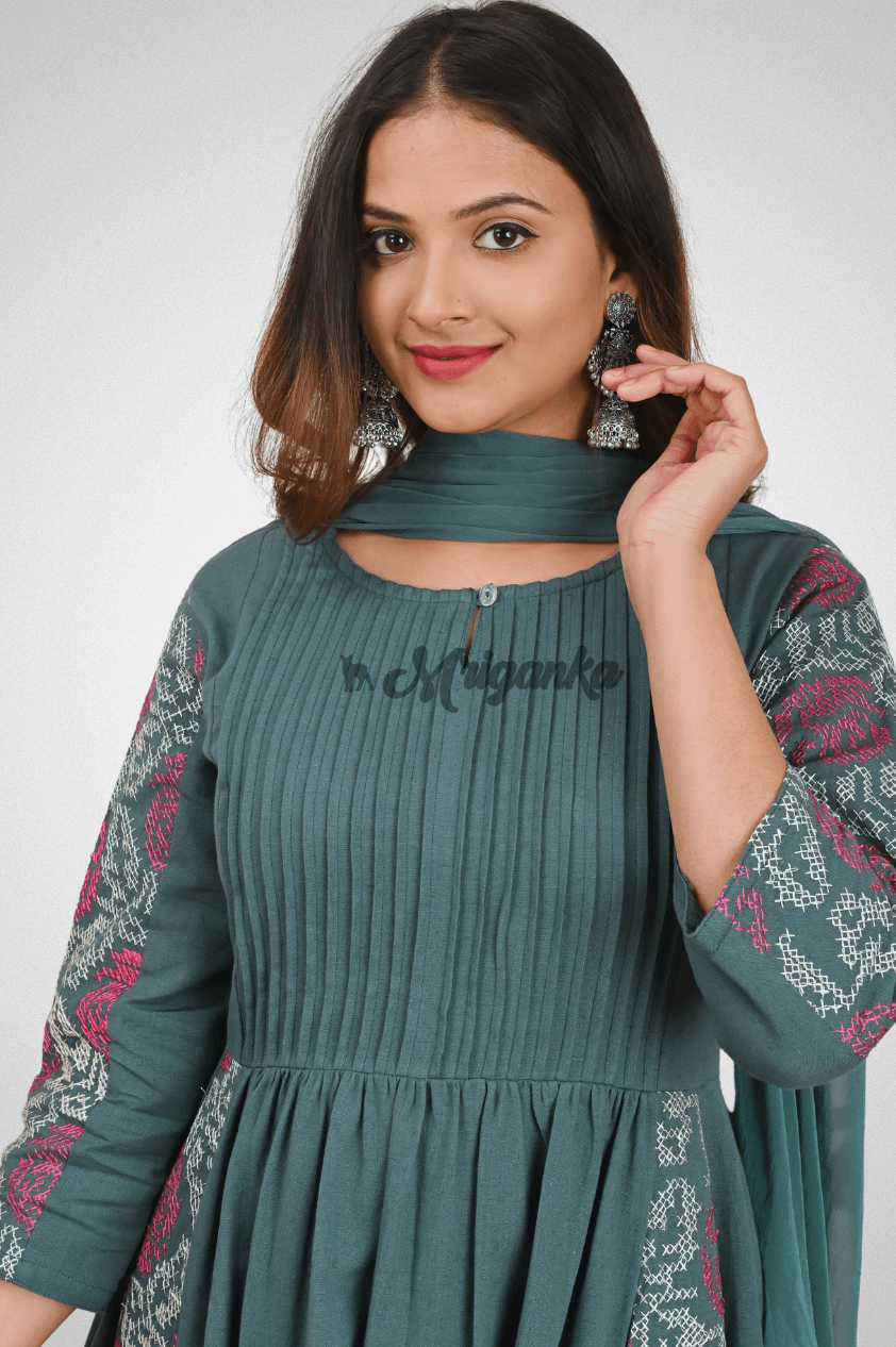 Green Cotton Flax A-Line Suit Set with Embroidery, Loop Buttons & Chiffon Dupatta by Mriganka