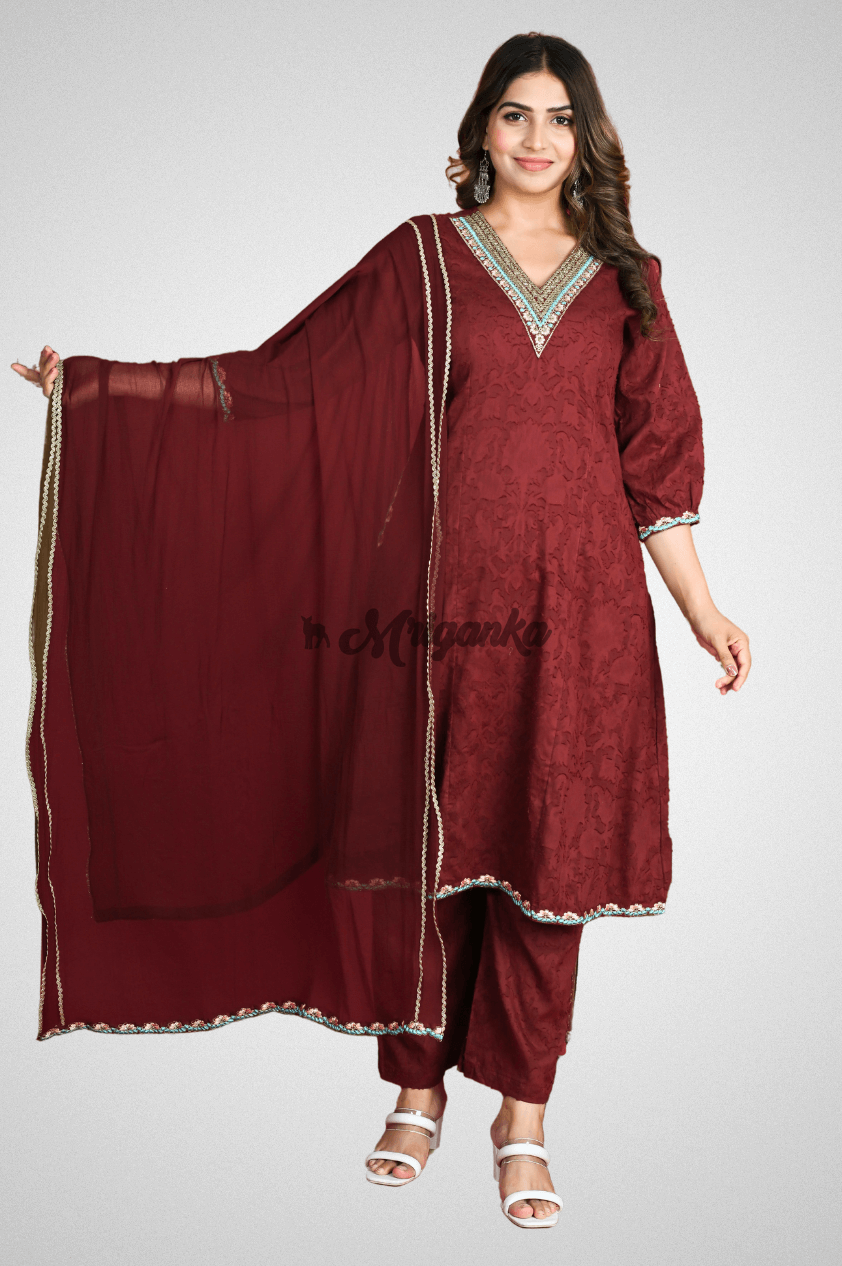 Elegant Maroon Red A-line Suit Set with Embroidered Neck and Delicate Lace Work