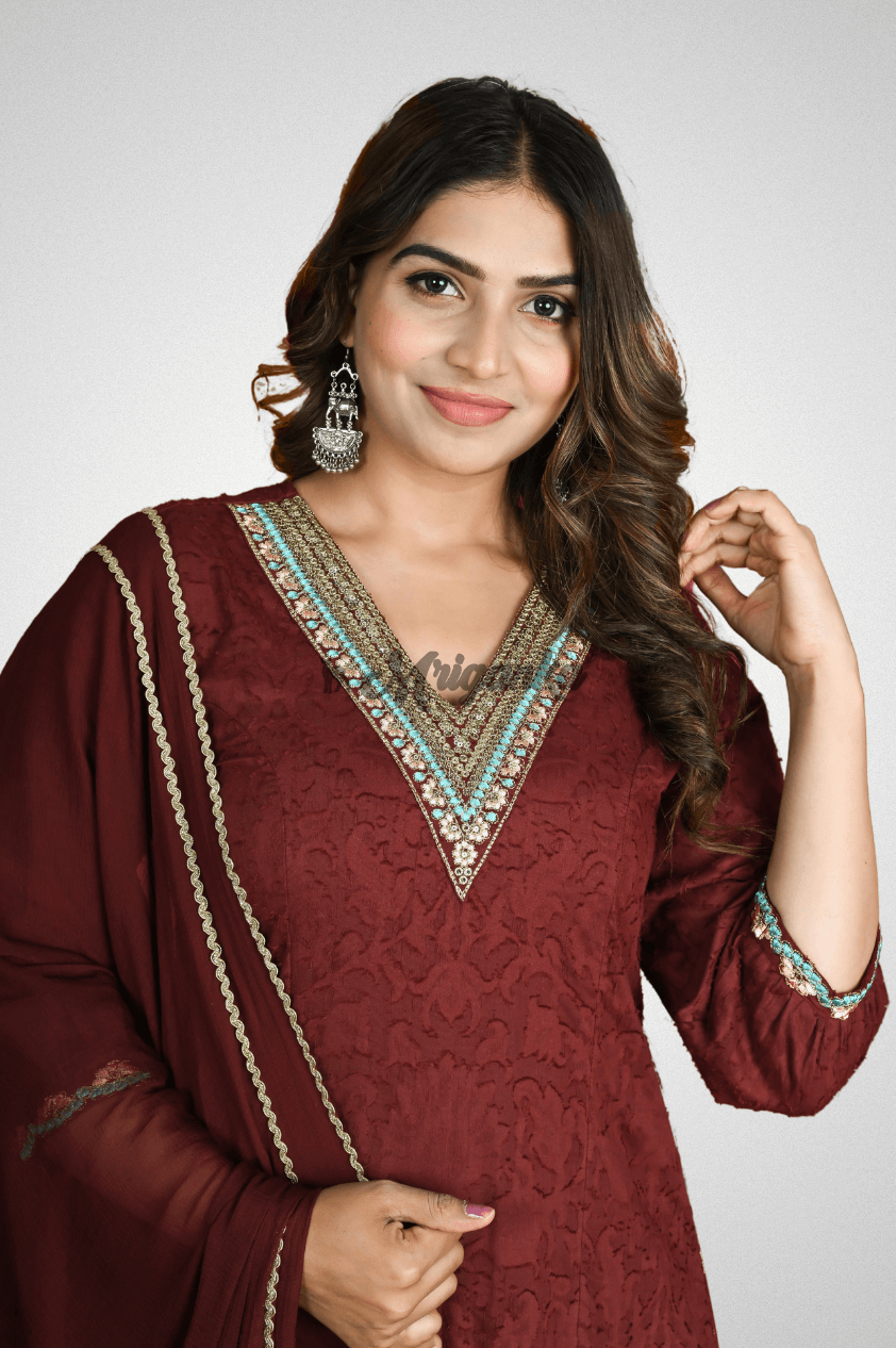 Elegant Maroon Red A-line Suit Set with Embroidered Neck and Delicate Lace Work