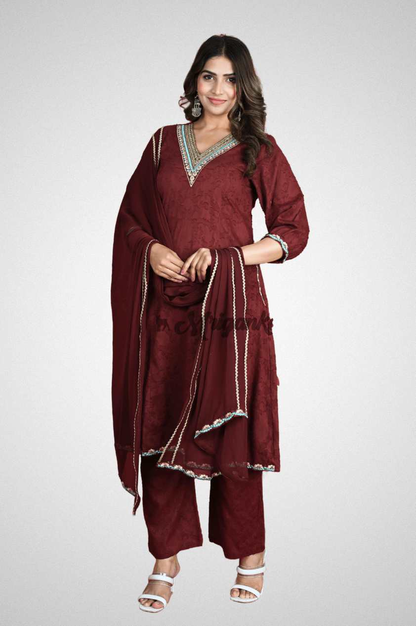 Elegant Maroon Red A-line Suit Set with Embroidered Neck and Delicate Lace Work
