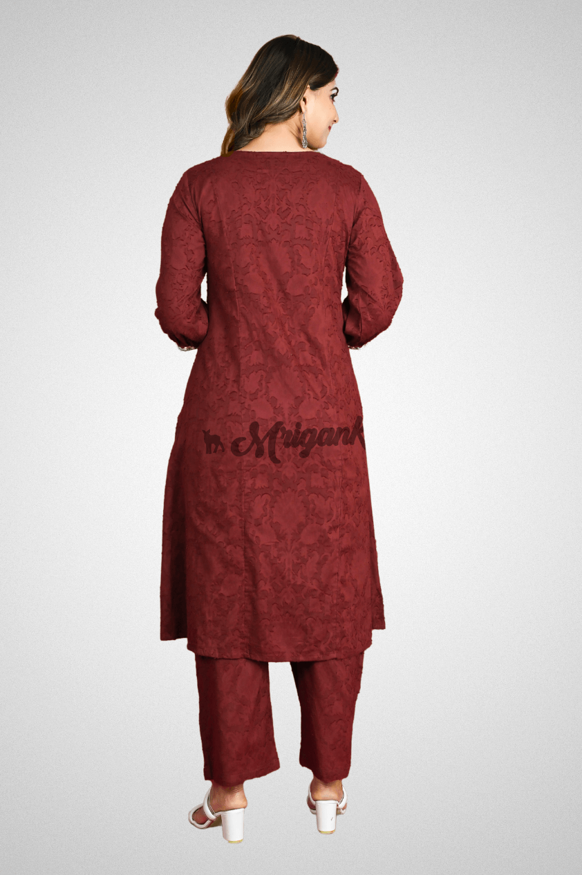 Elegant Maroon Red A-line Suit Set with Embroidered Neck and Delicate Lace Work