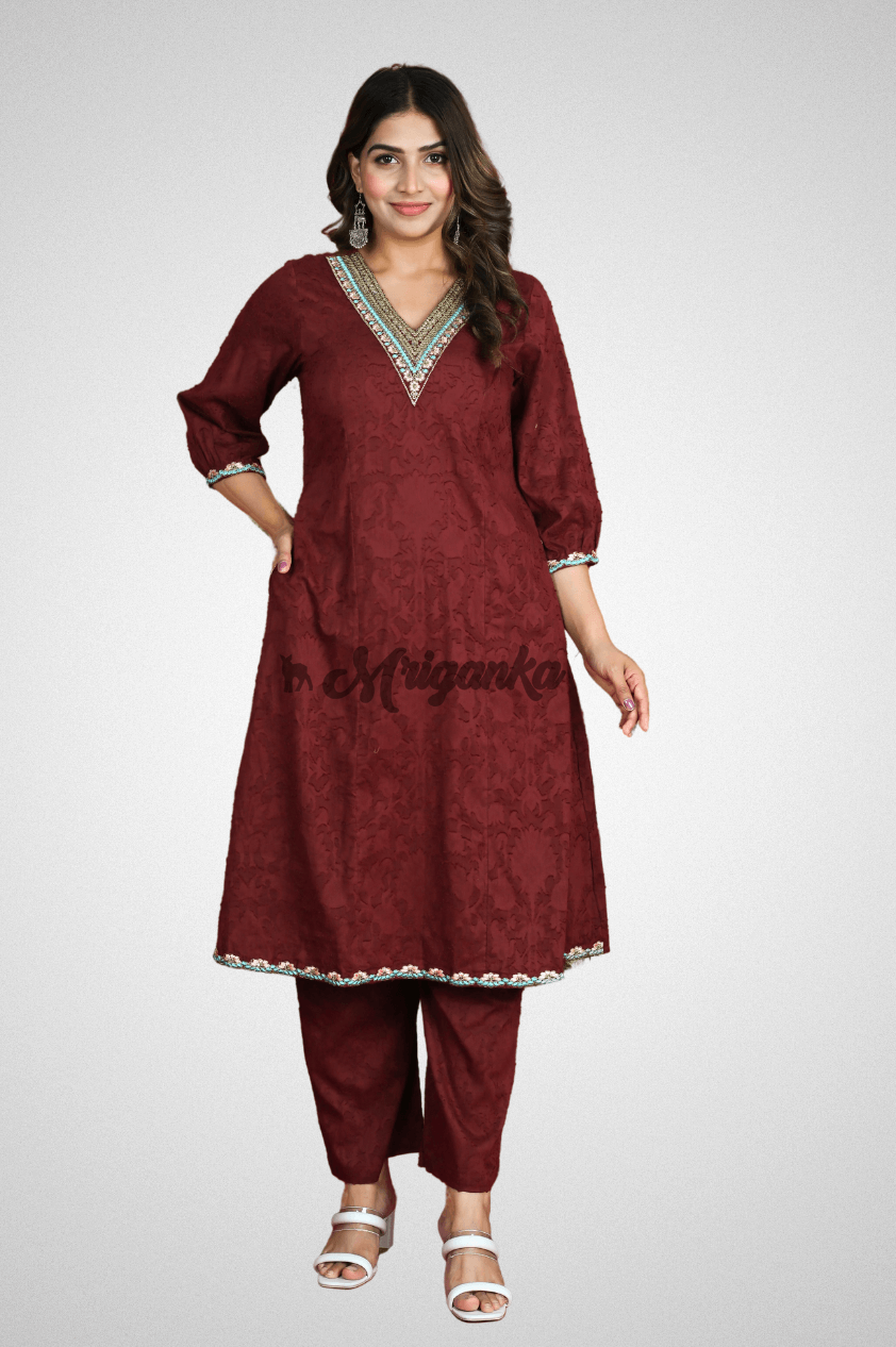 Elegant Maroon Red A-line Suit Set with Embroidered Neck and Delicate Lace Work