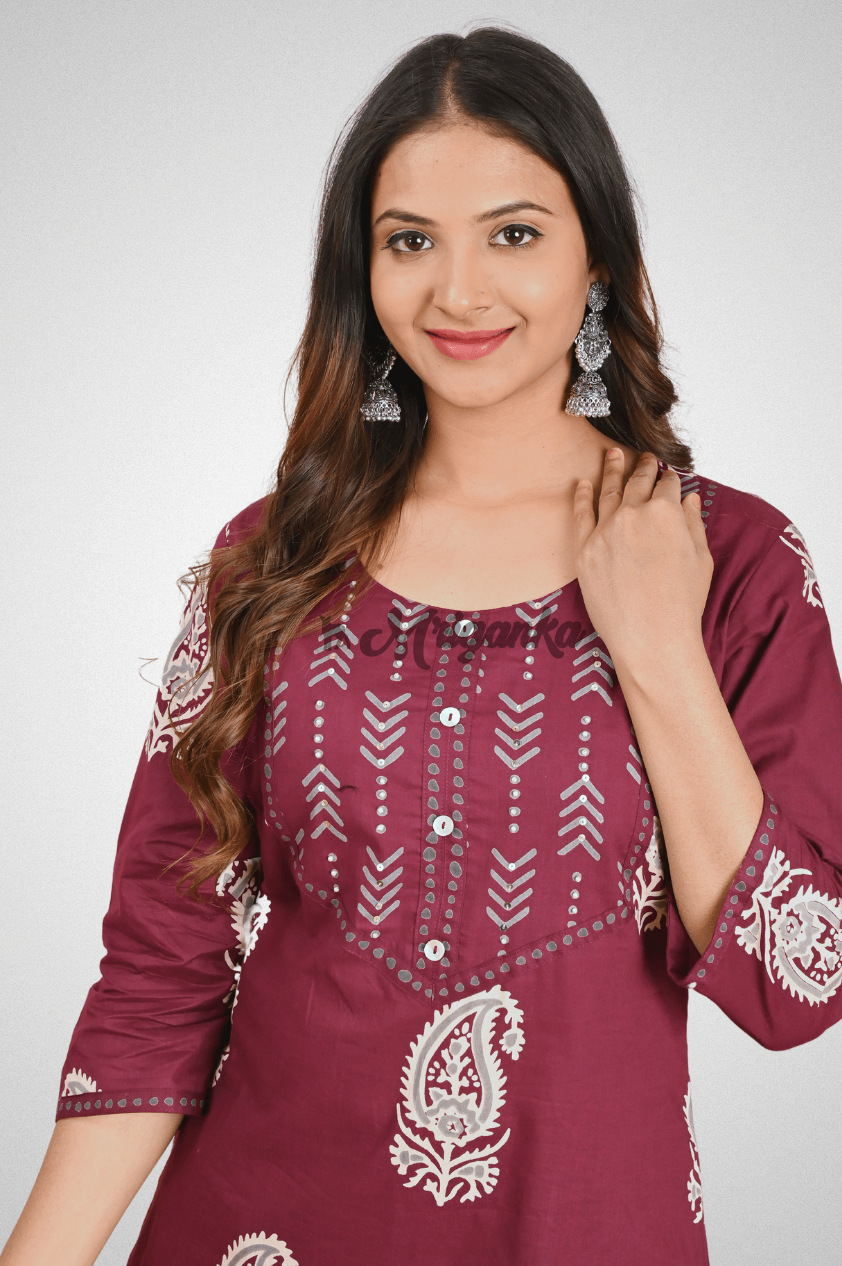 Maroon Cotton Straight Suit Set with Printed Design, Dupatta & Pocketed Pants by Mriganka