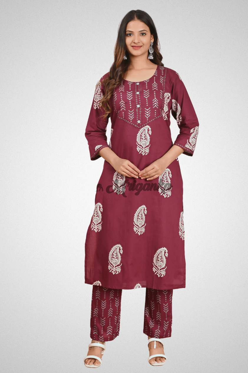 Maroon Cotton Straight Suit Set with Printed Design, Dupatta & Pocketed Pants by Mriganka