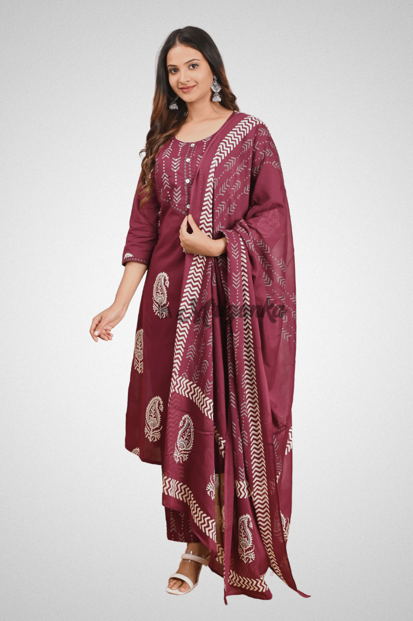 Maroon Cotton Straight Suit Set with Printed Design, Dupatta & Pocketed Pants by Mriganka