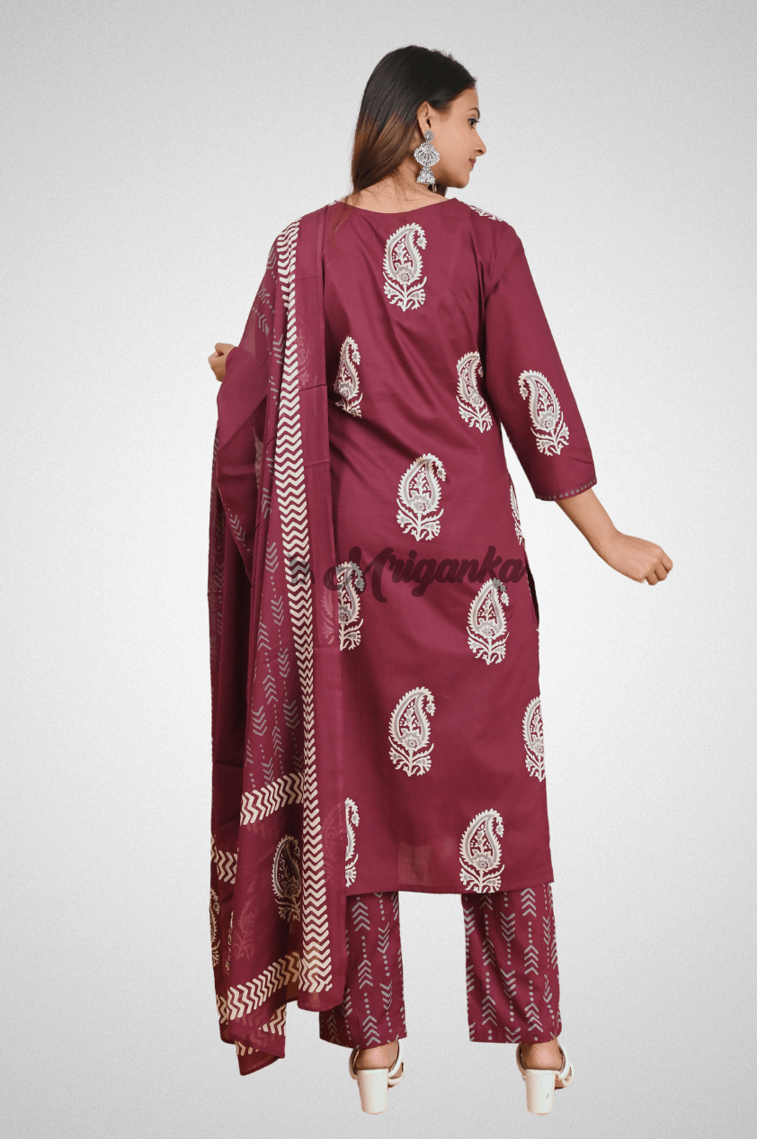 Maroon Cotton Straight Suit Set with Printed Design, Dupatta & Pocketed Pants by Mriganka
