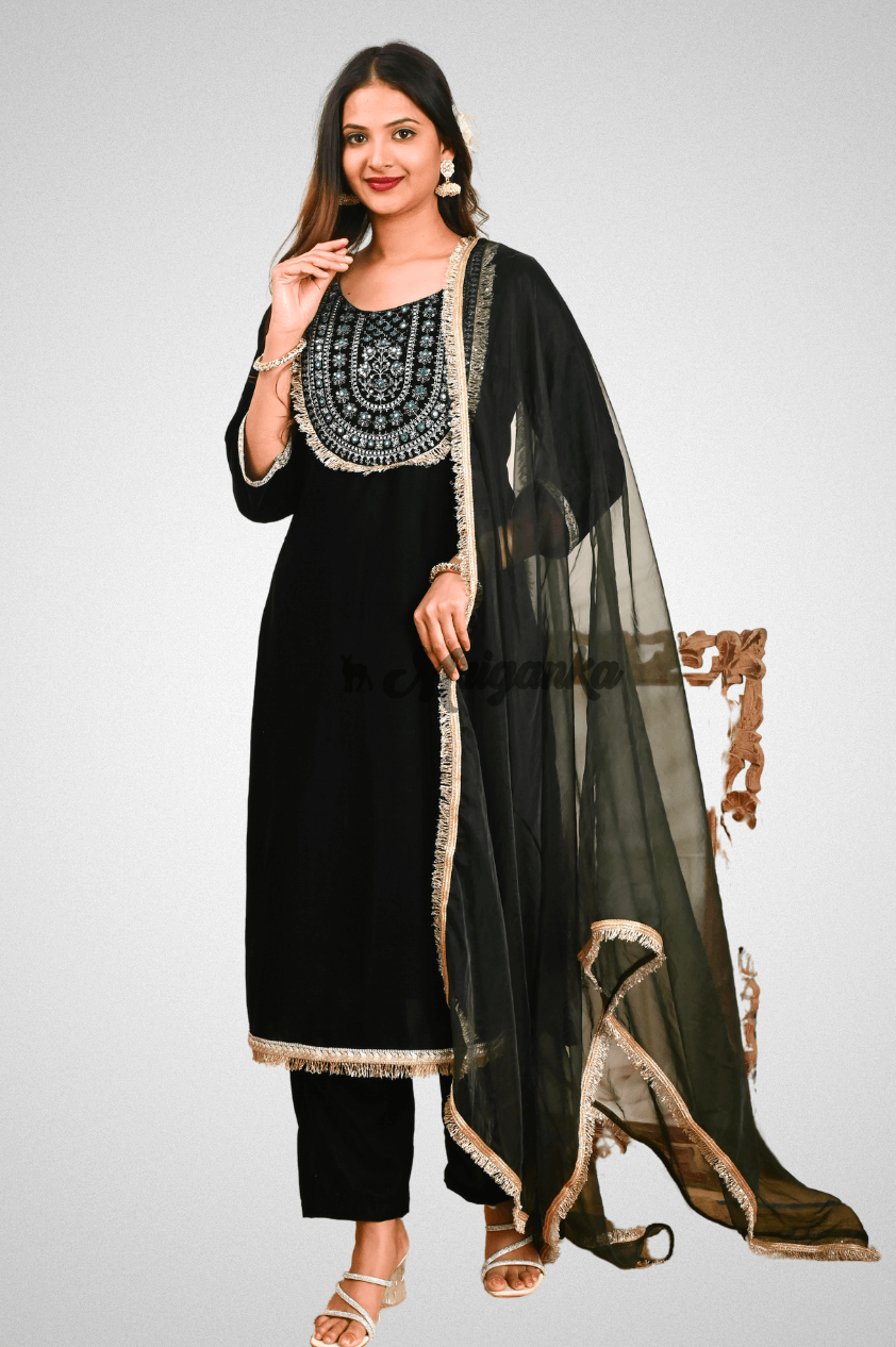 Olive Green Velvet Straight Suit with Embroidery & Net Dupatta - Festive Wear by Mriganka