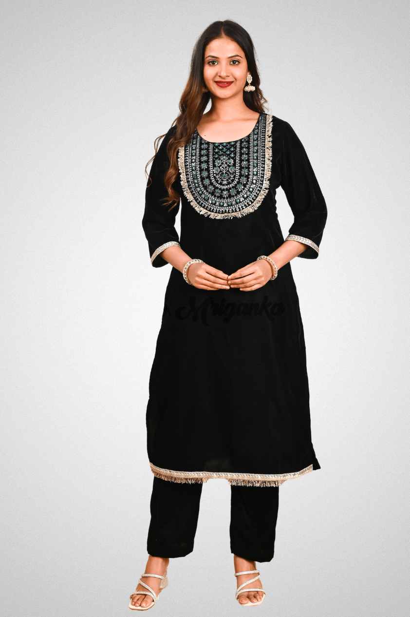 Olive Green Velvet Straight Suit with Embroidery & Net Dupatta - Festive Wear by Mriganka