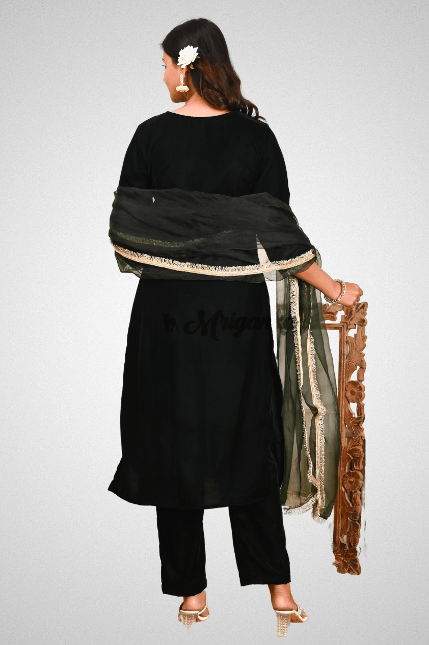 Olive Green Velvet Straight Suit with Embroidery & Net Dupatta - Festive Wear by Mriganka