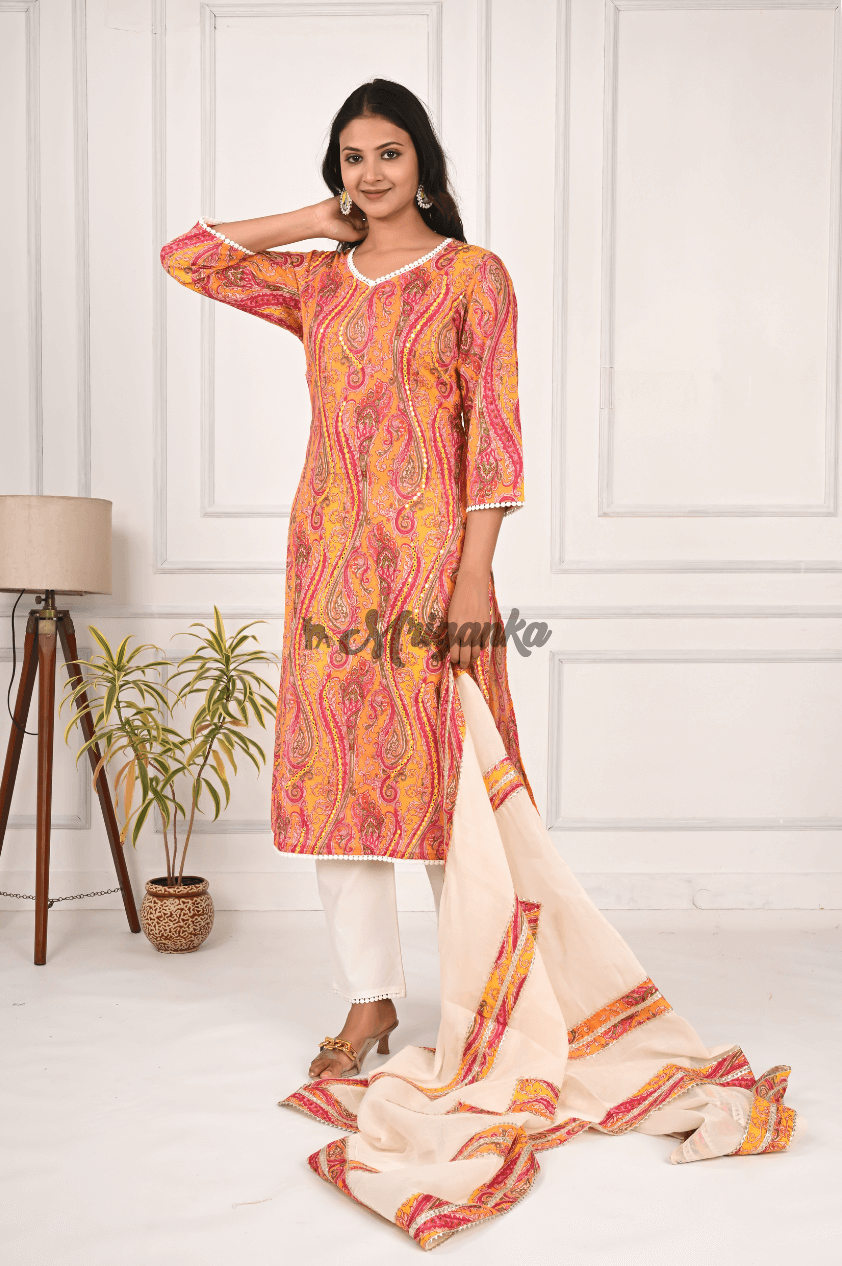 Cotton Straight Suit Set in Orange with Mirror Work & Lace Embellishement - Mriganka