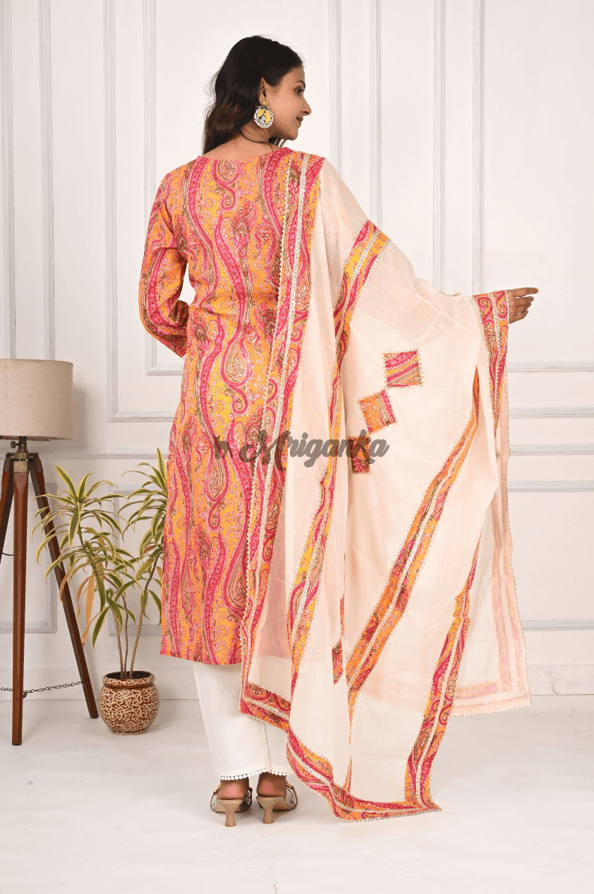 Cotton Straight Suit Set in Orange with Mirror Work & Lace Embellishement - Mriganka