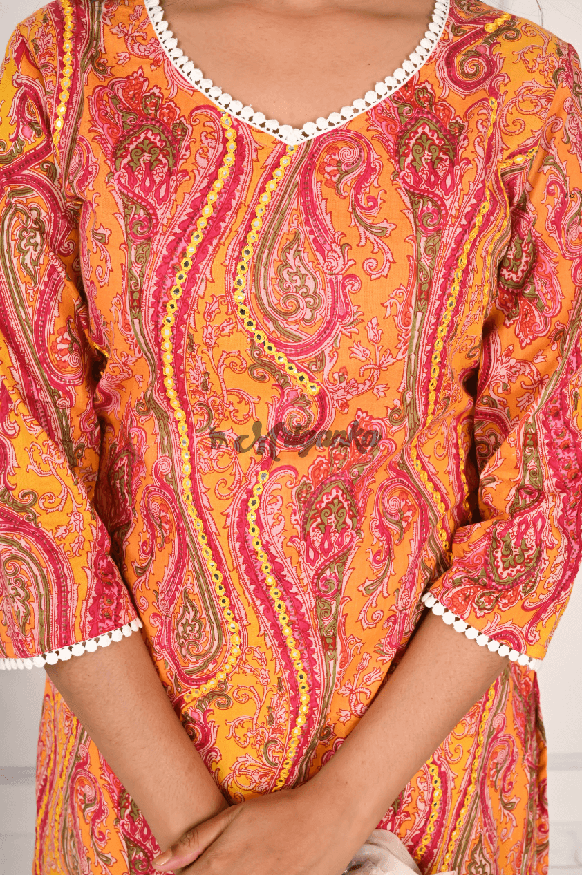 Cotton Straight Suit Set in Orange with Mirror Work & Lace Embellishement - Mriganka