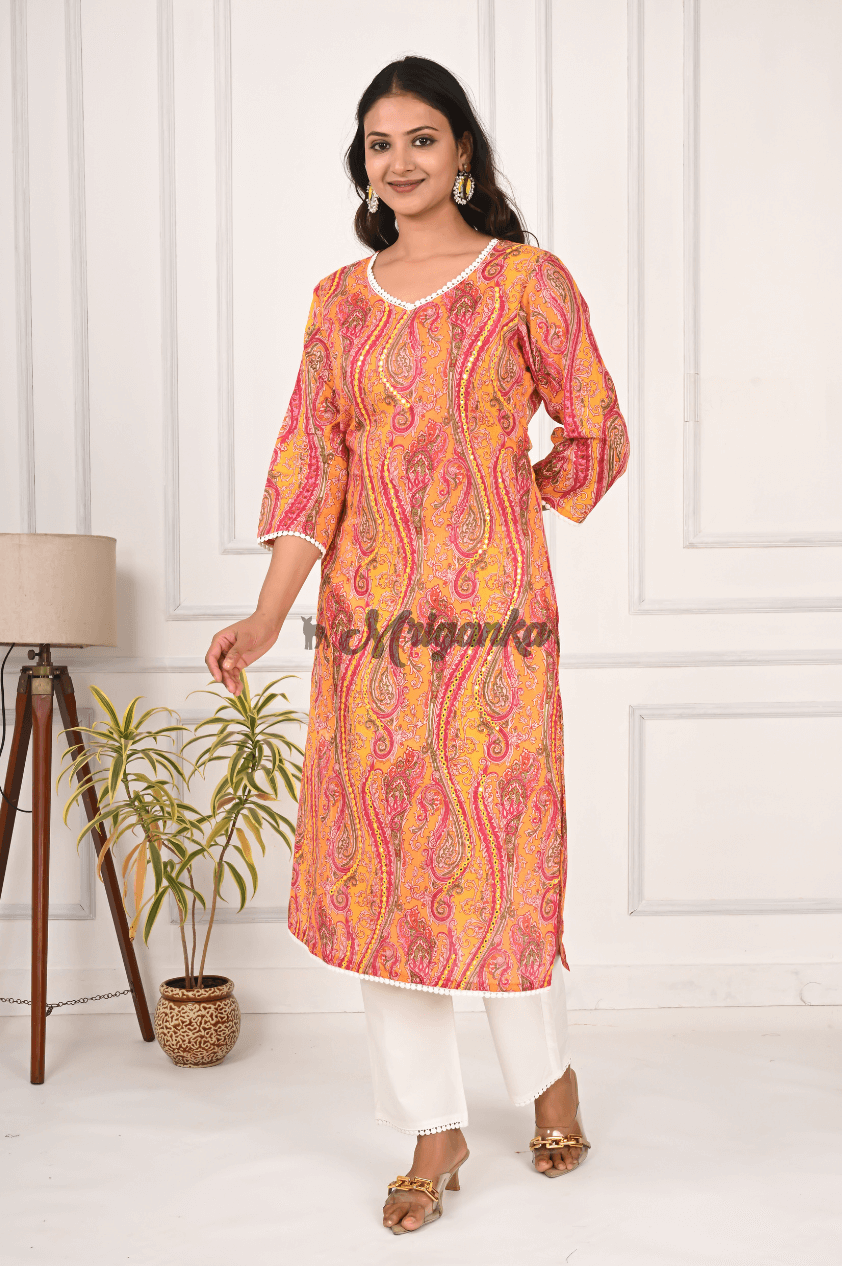 Cotton Straight Suit Set in Orange with Mirror Work & Lace Embellishement - Mriganka