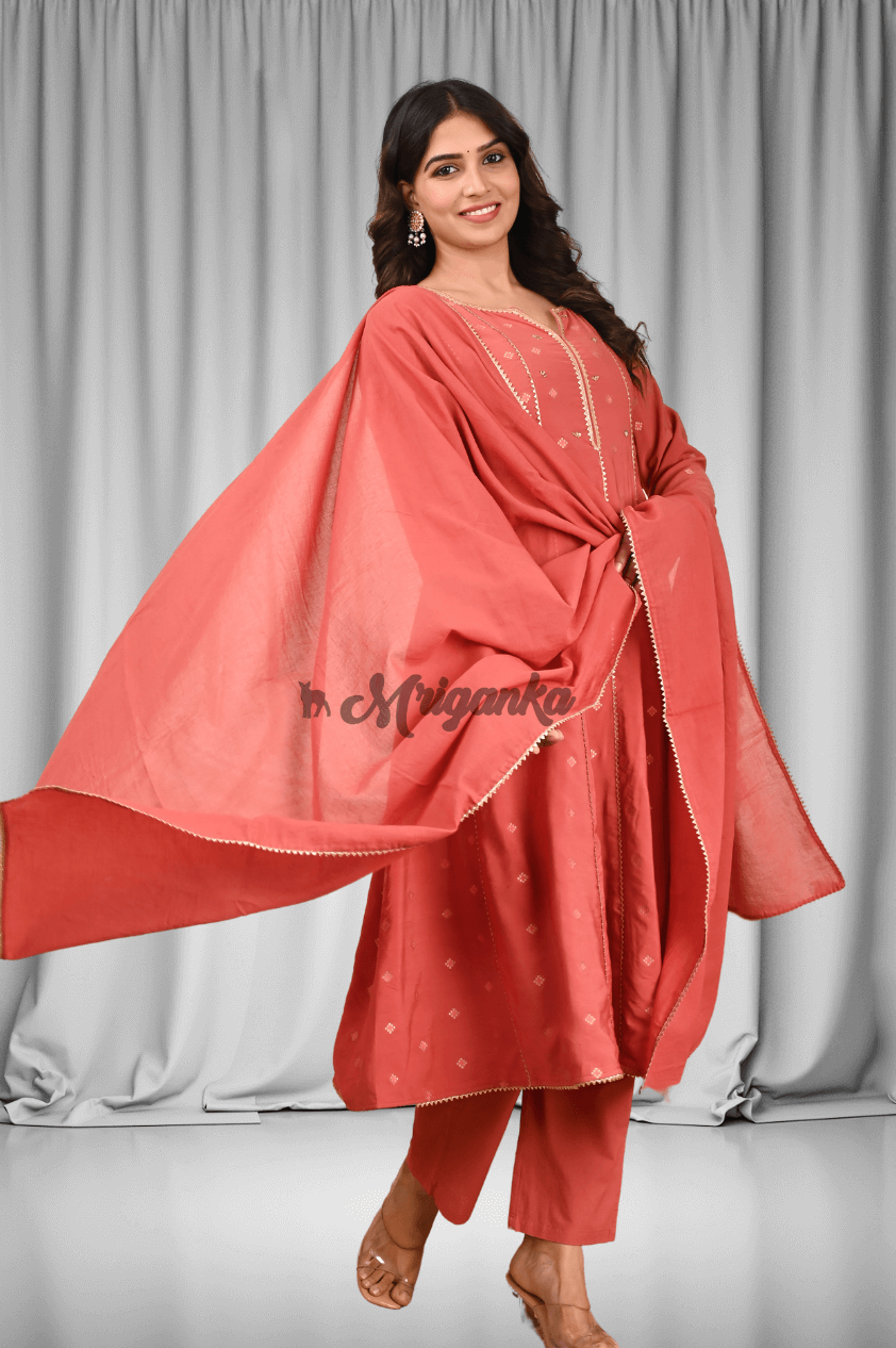 A Line Suit Set | Silk | Bijiya & Lace Work- Buy at Mriganka