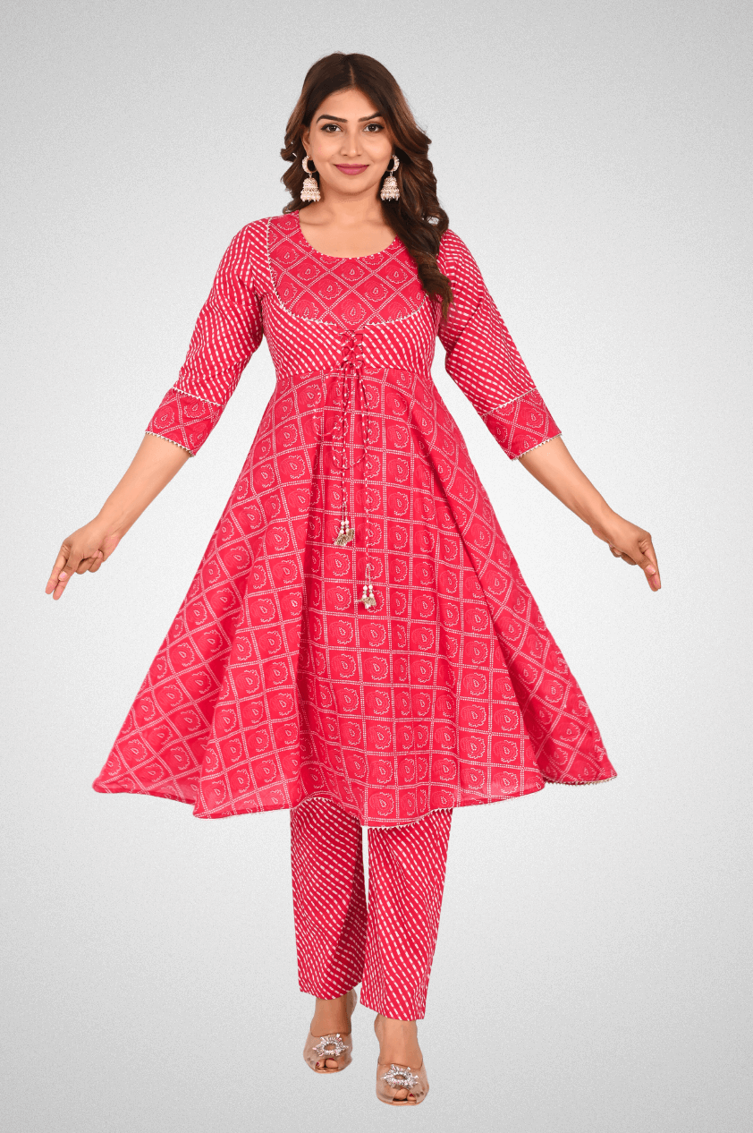 Buy Bandhej A-Line Suit Set with Dori and Tassels from Mriganka
