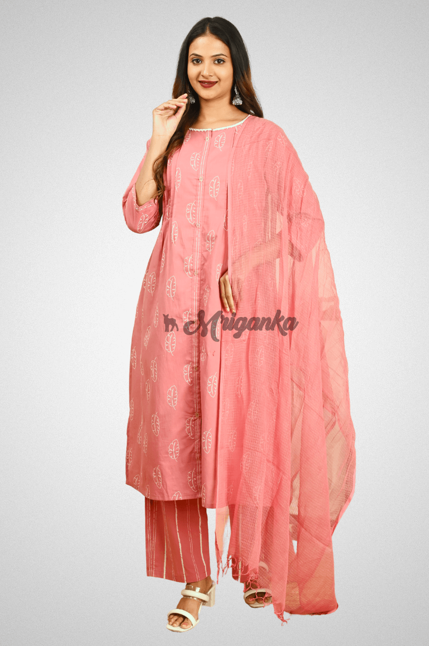 Pink Cotton Straight Suit Set with Handwork, Kota Doriya Dupatta and Pocketed Pants by Mriganka