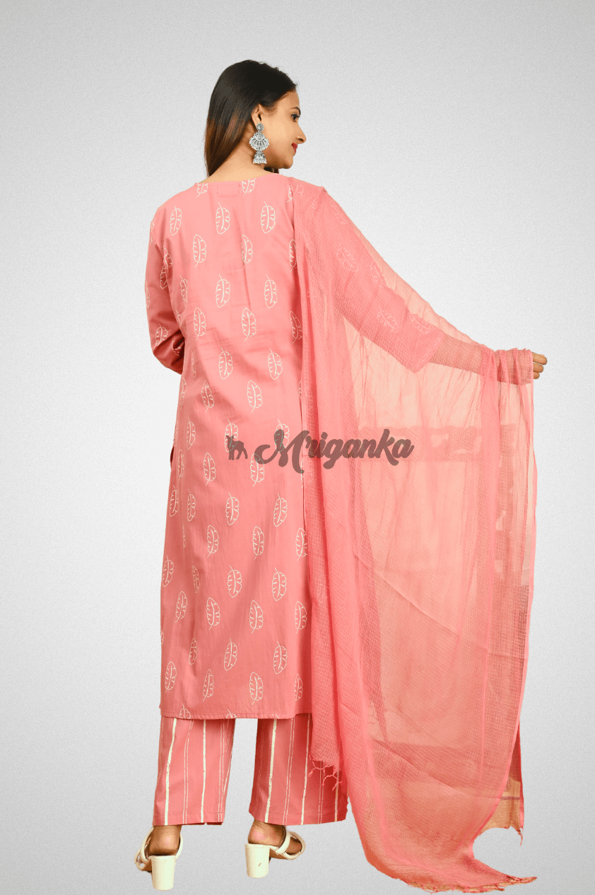 Pink Cotton Straight Suit Set with Handwork, Kota Doriya Dupatta and Pocketed Pants by Mriganka