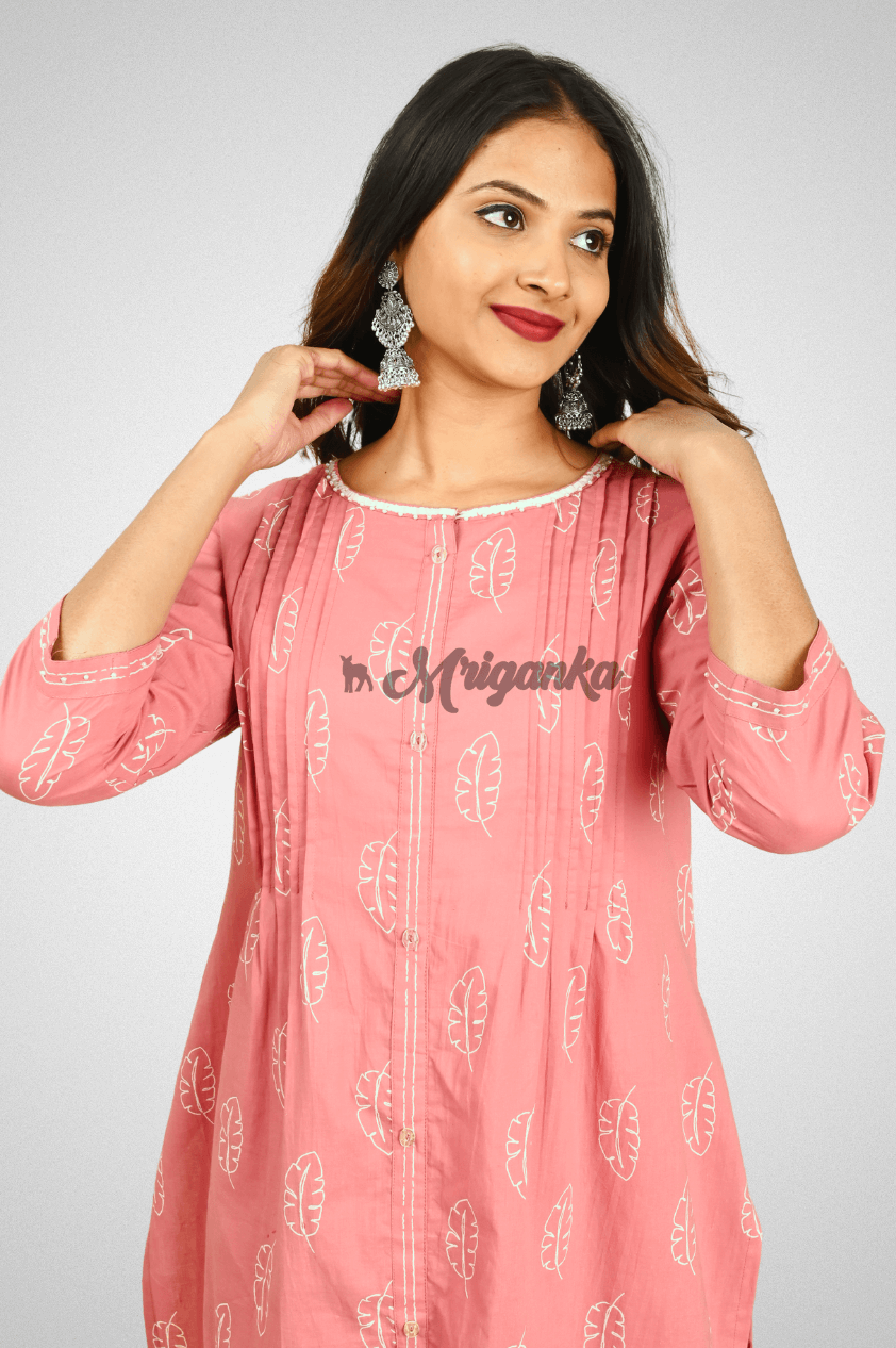 Pink Cotton Straight Suit Set with Handwork, Kota Doriya Dupatta and Pocketed Pants by Mriganka