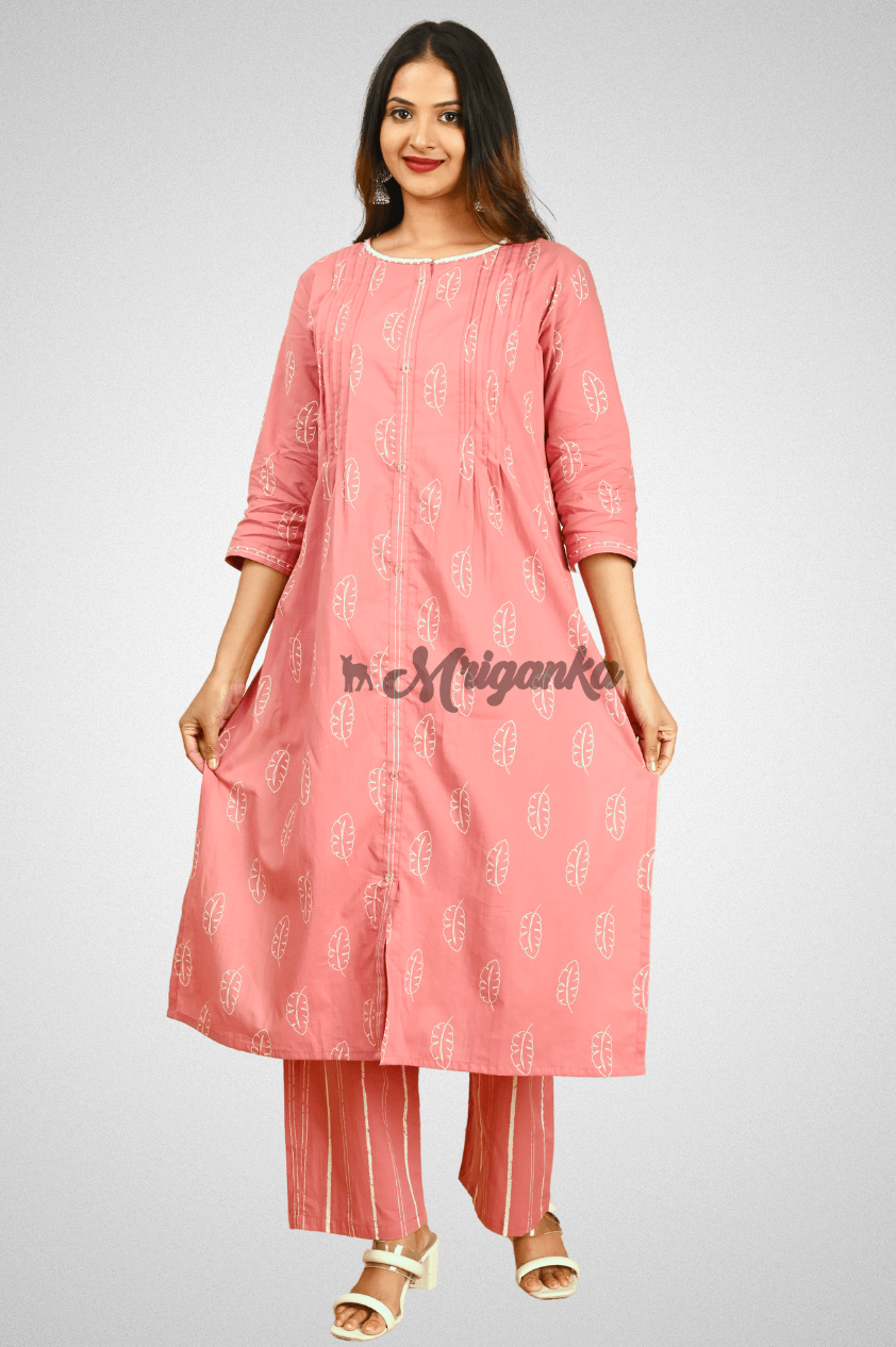 Pink Cotton Straight Suit Set with Handwork, Kota Doriya Dupatta and Pocketed Pants by Mriganka