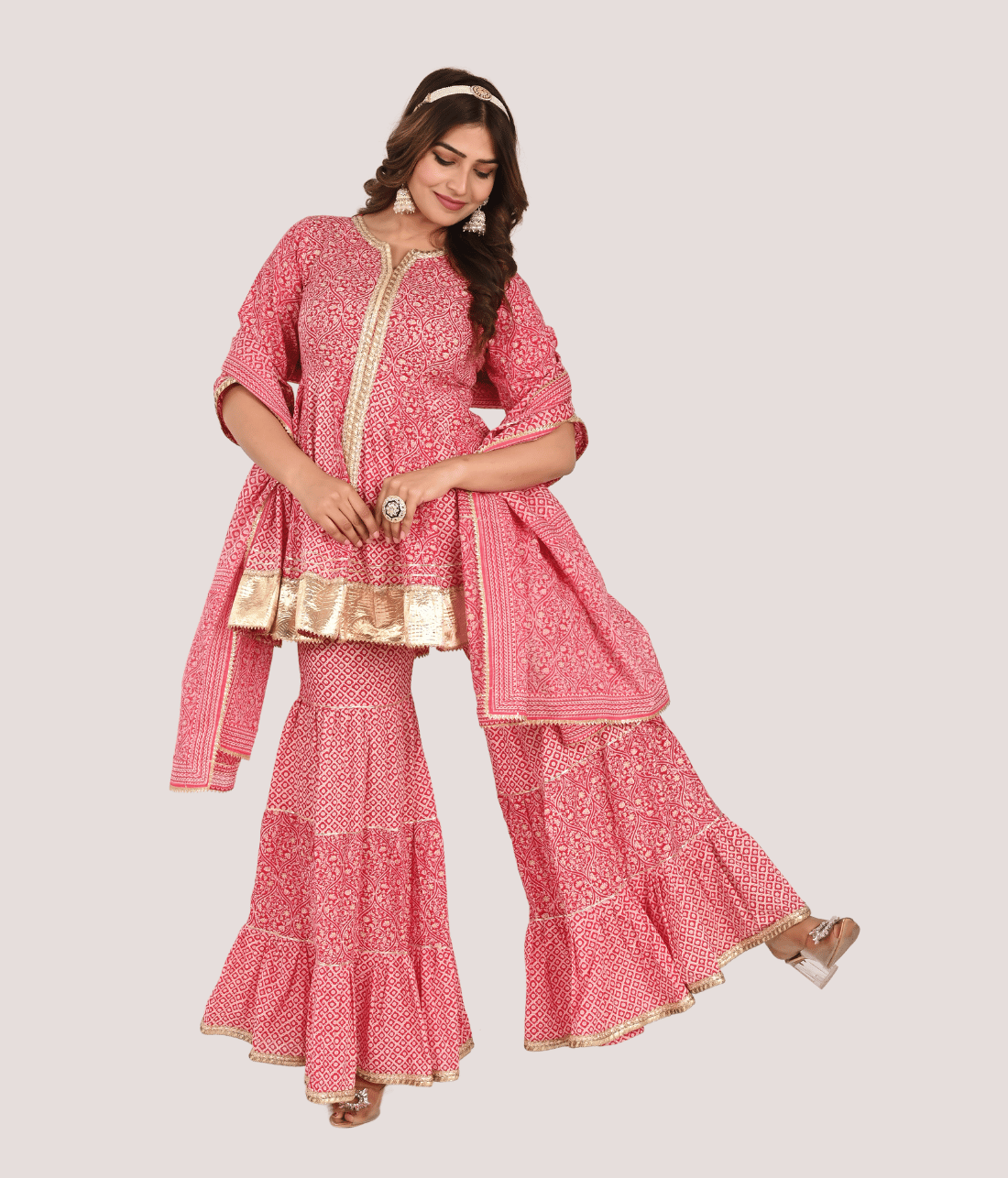 Buy Online Peplum with Sharara Set Embellished with Gota and Lace from Mriganka
