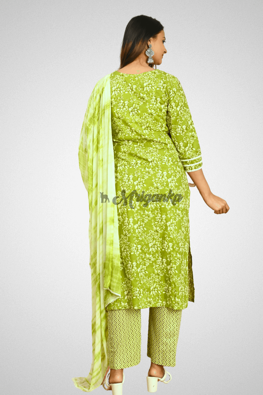 Pista Green Cotton Suit Set with Embroidered Yoke, Chiffon Dupatta and Lace Details by Mriganka