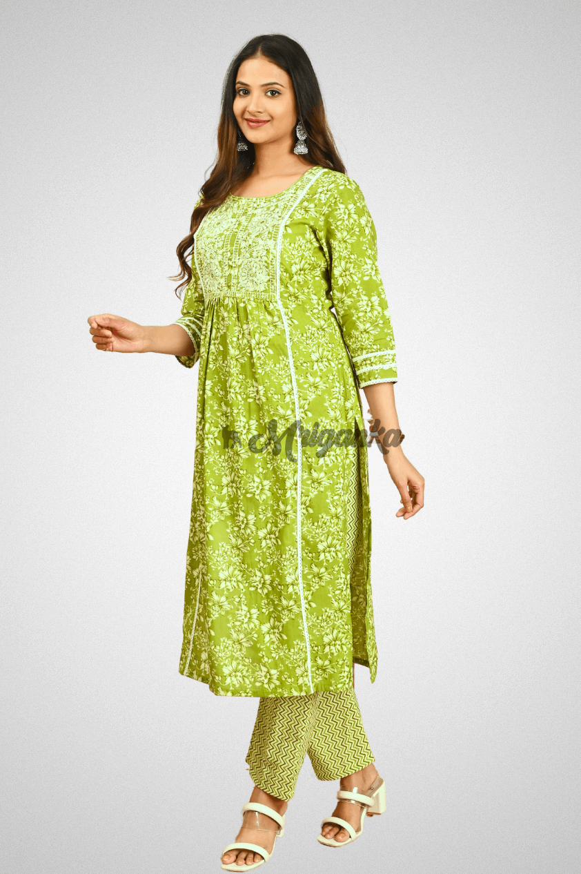 Pista Green Cotton Suit Set with Embroidered Yoke, Chiffon Dupatta and Lace Details by Mriganka