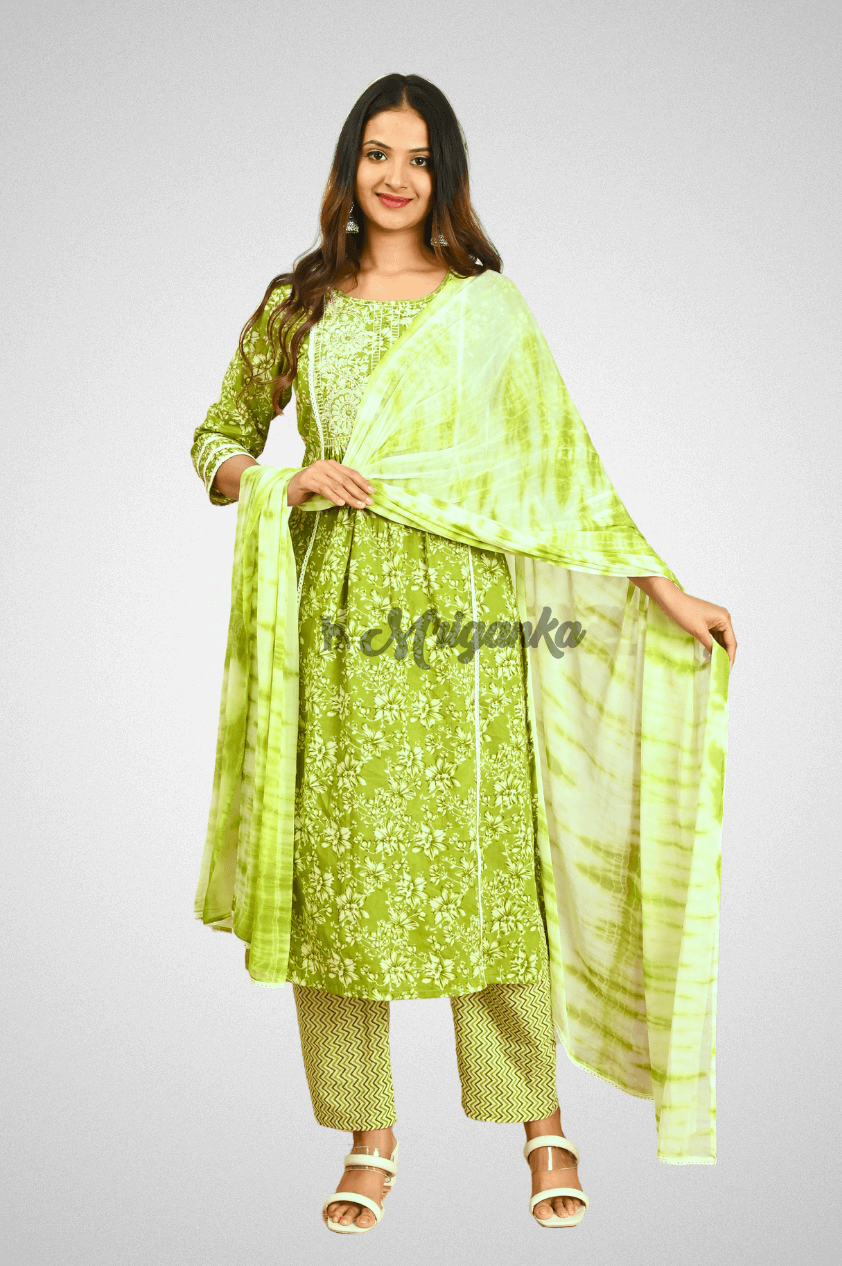 Pista Green Cotton Suit Set with Embroidered Yoke, Chiffon Dupatta and Lace Details by Mriganka