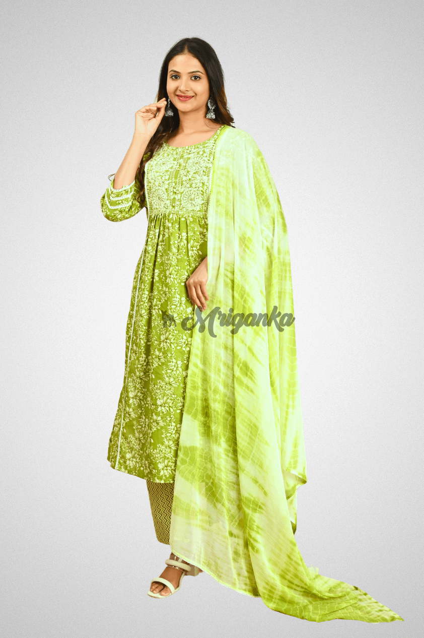 Pista Green Cotton Suit Set with Embroidered Yoke, Chiffon Dupatta and Lace Details by Mriganka