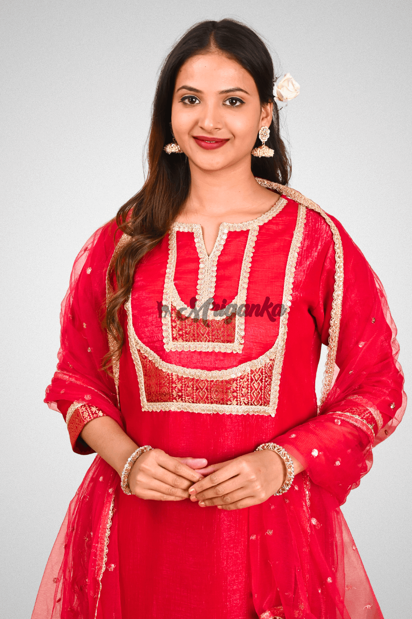 Red Silk Straight Suit Set with Lace Work, Net Dupatta, and Glazed Cotton Pants by Mriganka