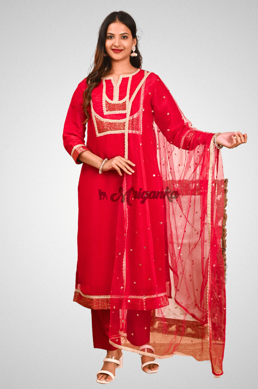 Red Silk Straight Suit Set with Lace Work, Net Dupatta, and Glazed Cotton Pants by Mriganka