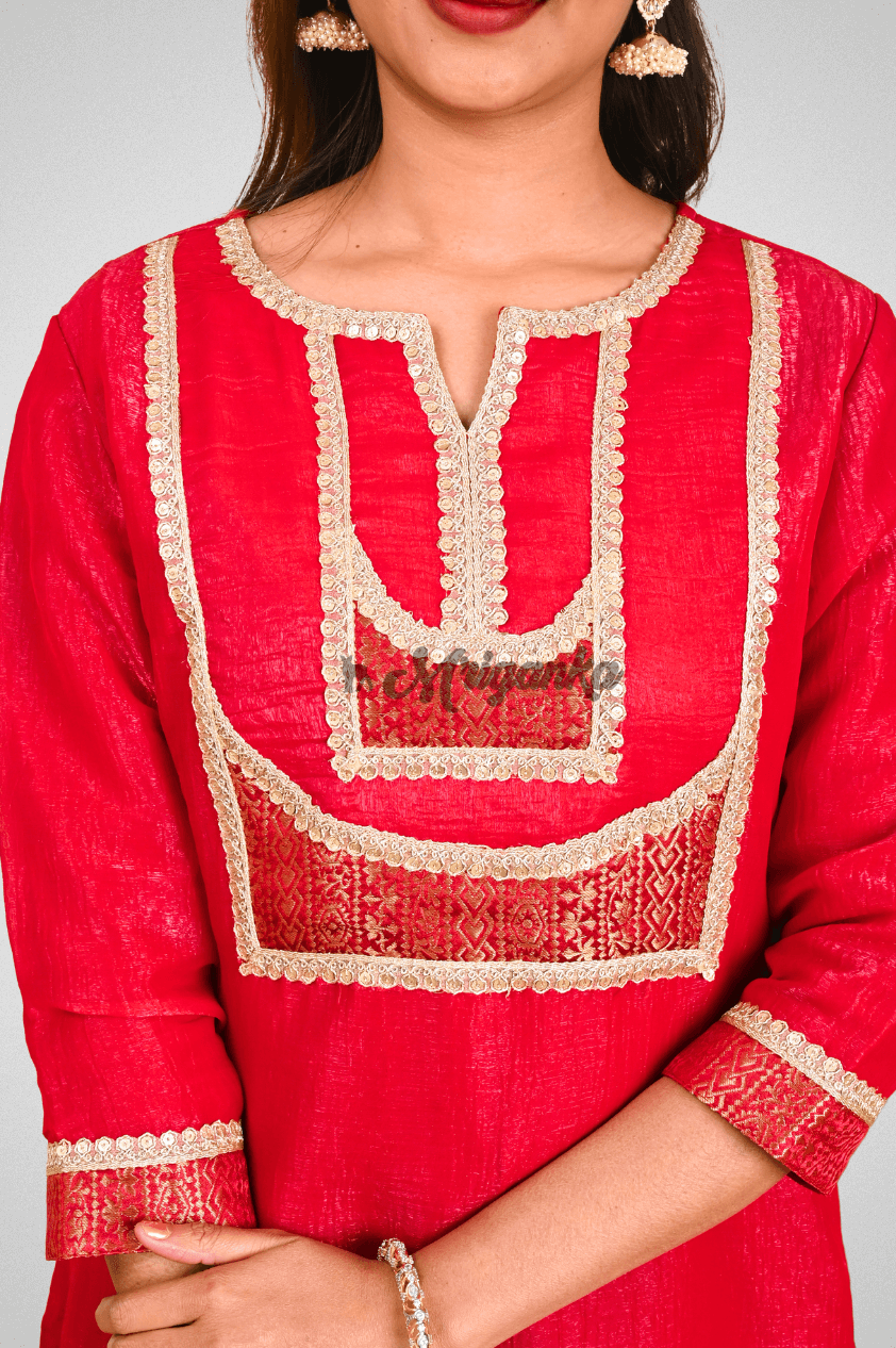 Red Silk Straight Suit Set with Lace Work, Net Dupatta, and Glazed Cotton Pants by Mriganka