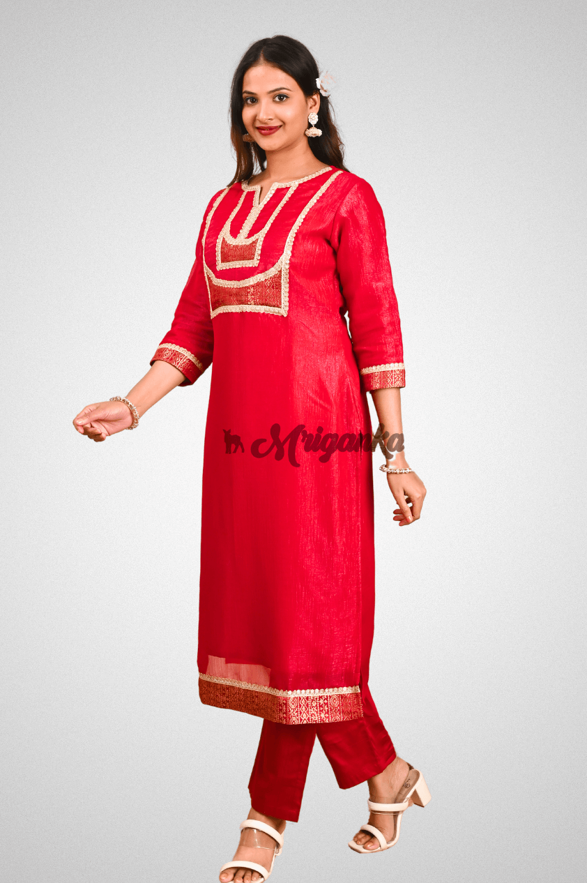 Red Silk Straight Suit Set with Lace Work, Net Dupatta, and Glazed Cotton Pants by Mriganka