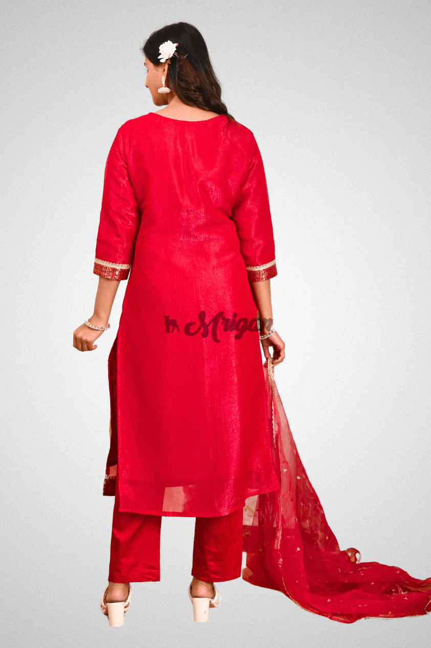 Red Silk Straight Suit Set with Lace Work, Net Dupatta, and Glazed Cotton Pants by Mriganka