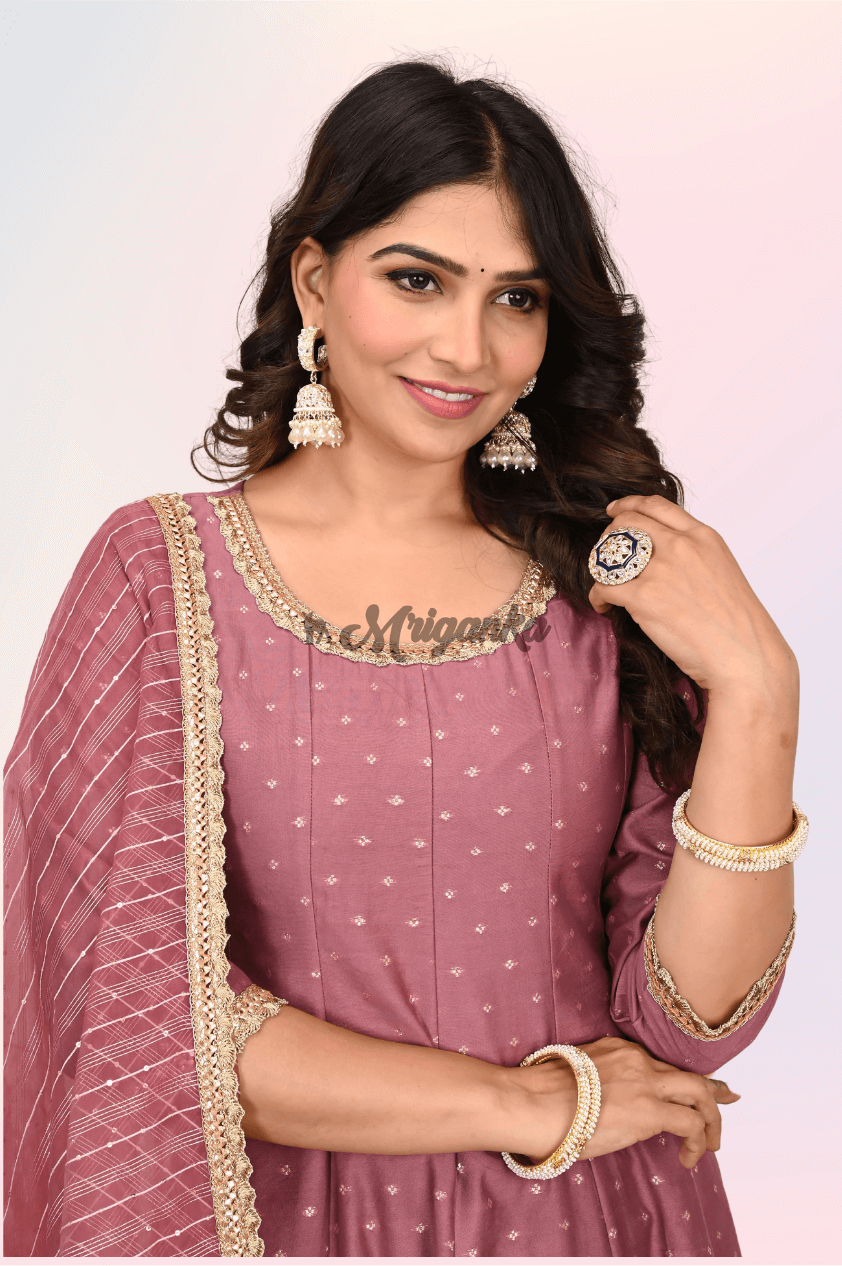 Anarkali Suit Set | Chanderi Silk | Rose Gold Color - Buy at Mriganka