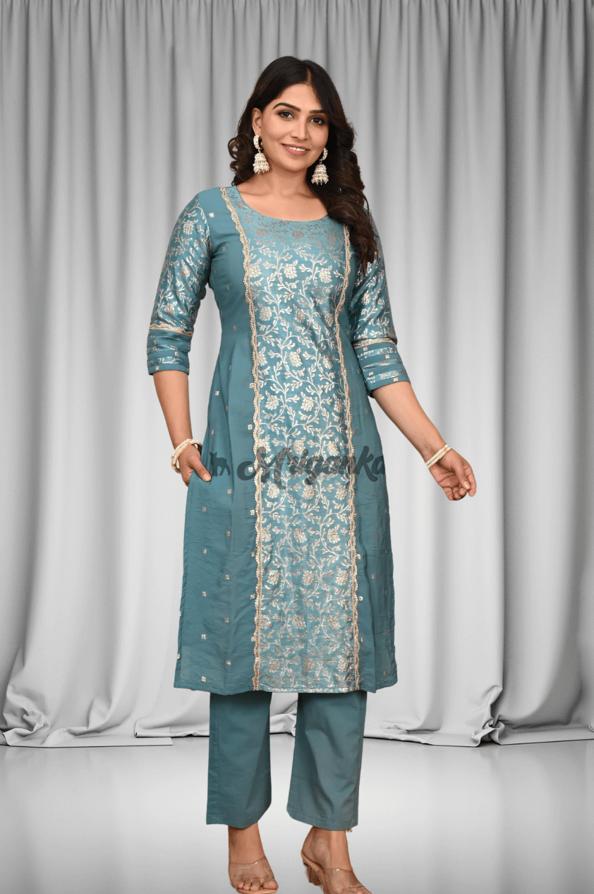 Straight Suit Set | Silk | Gota And Lace Work - Buy at Mriganka