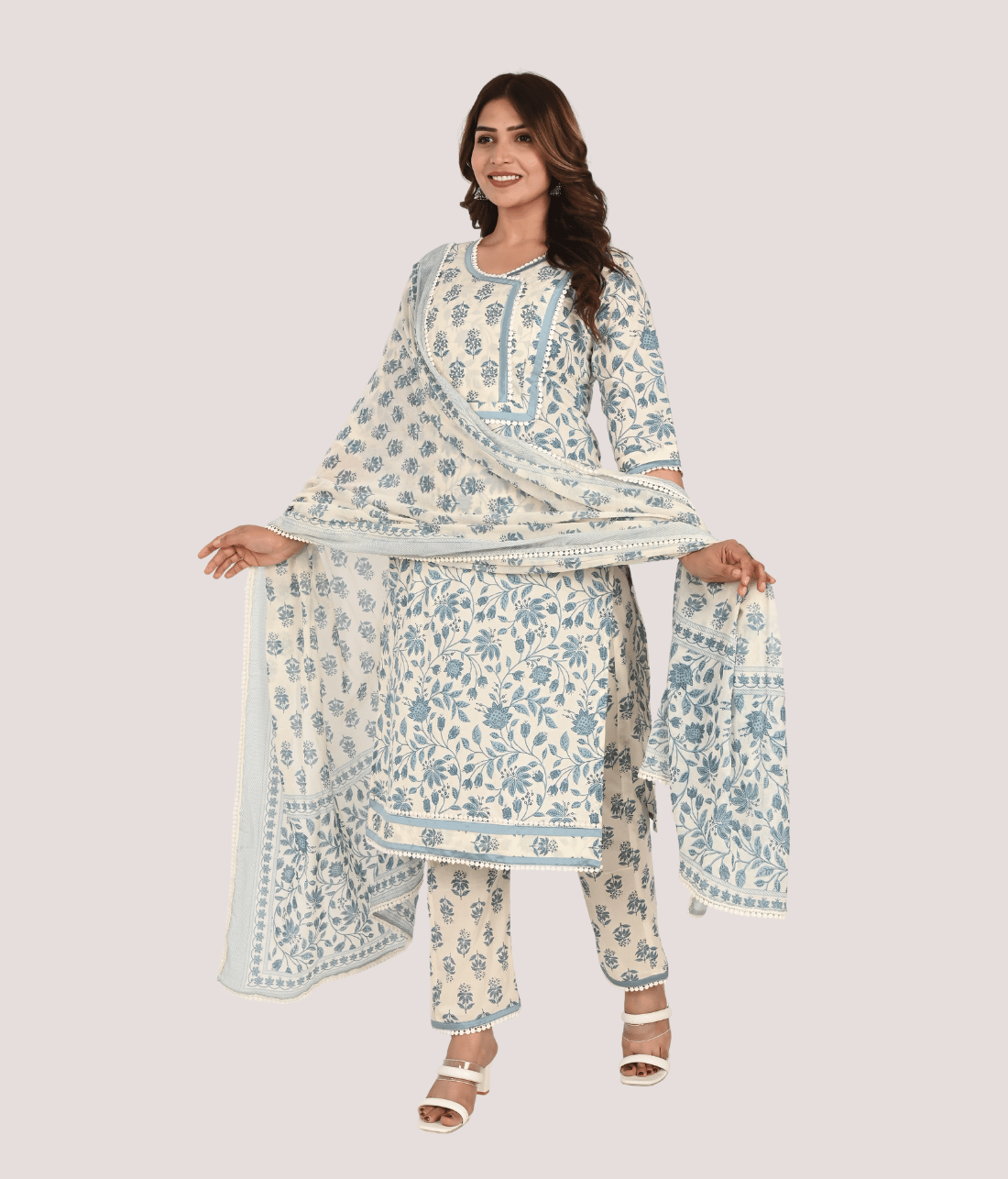 Shop Exquisite White Floral Suit Set Embellished with Lace | Mriganka