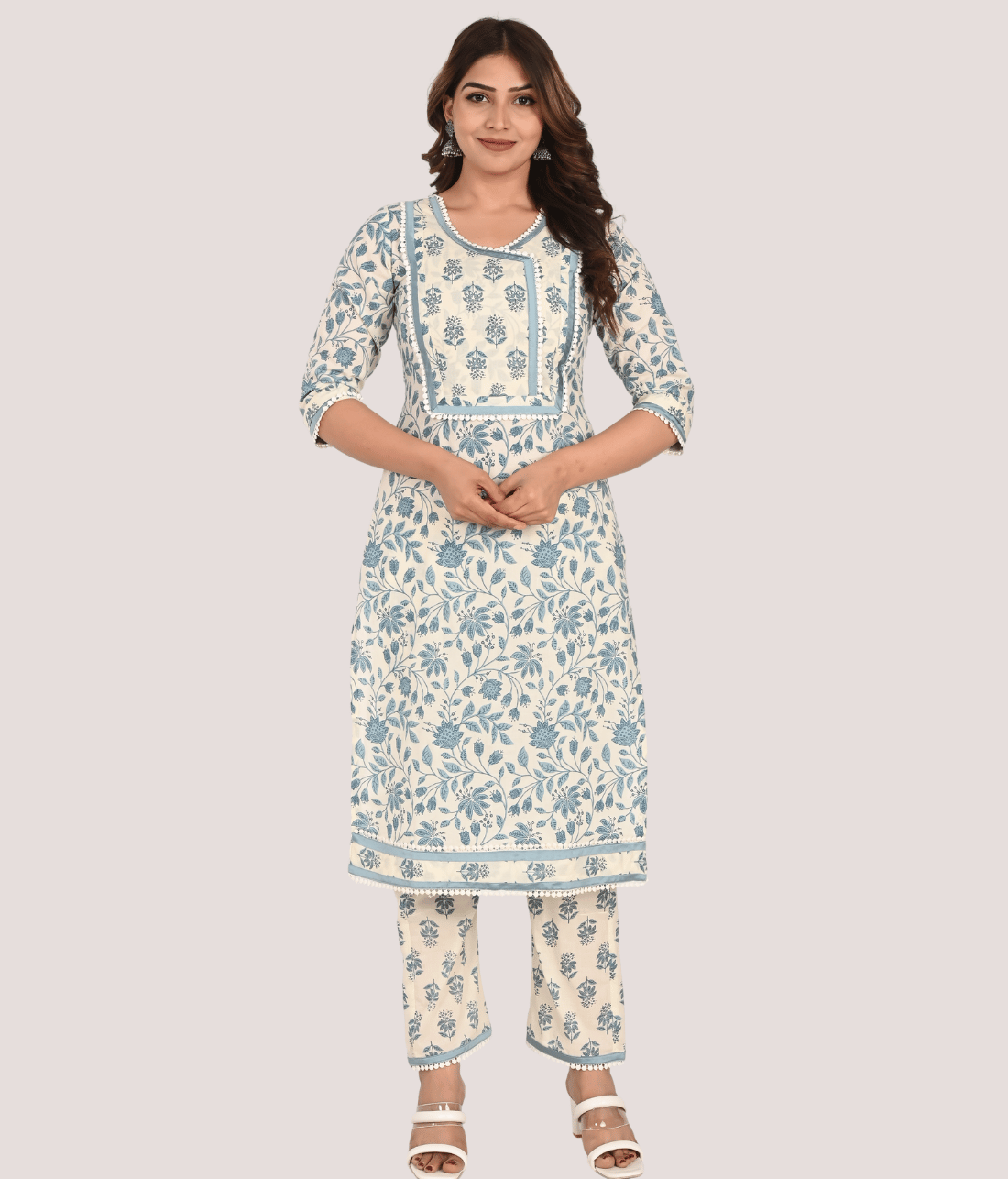 Shop Exquisite White Floral Suit Set Embellished with Lace | Mriganka