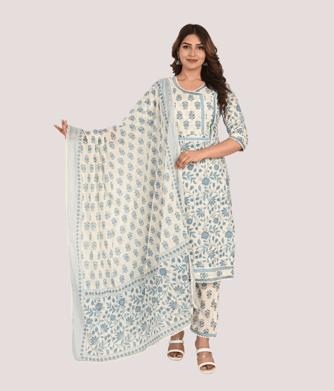 Shop Exquisite White Floral Suit Set Embellished with Lace | Mriganka