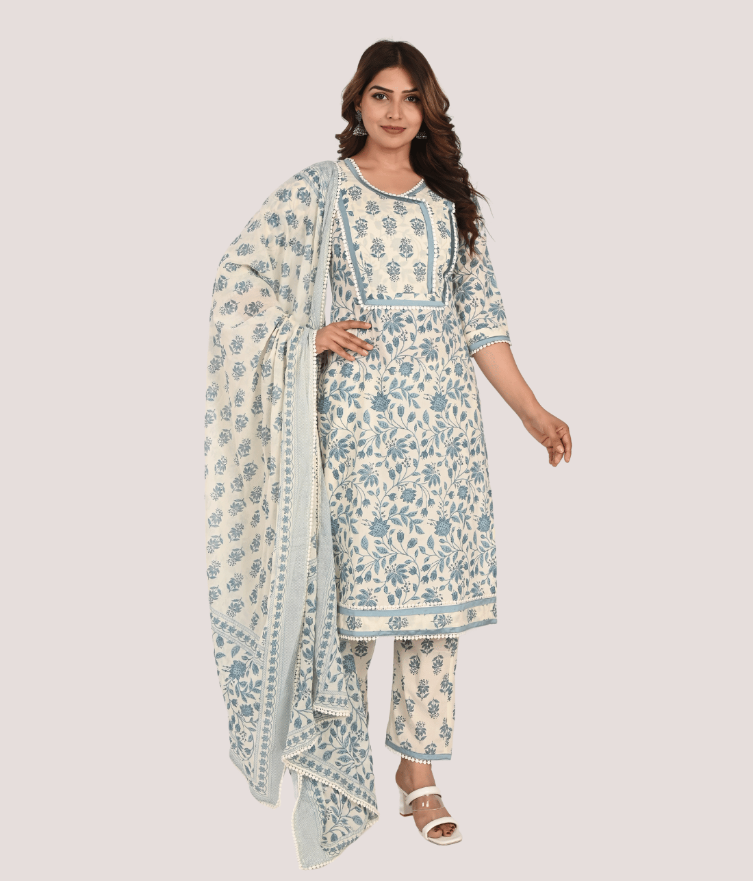 Shop Exquisite White Floral Suit Set Embellished with Lace | Mriganka