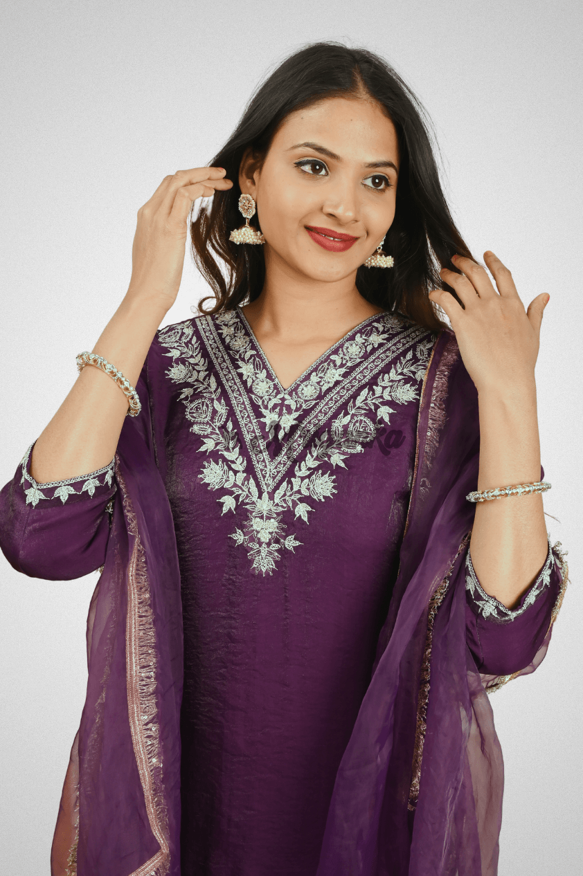 Wine Silk Straight Suit with Embroidery, Organza Dupatta & Glazed Cotton Pants - Buy at  Mriganka