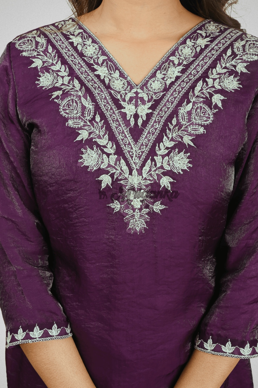 Wine Silk Straight Suit with Embroidery, Organza Dupatta & Glazed Cotton Pants - Buy at  Mriganka