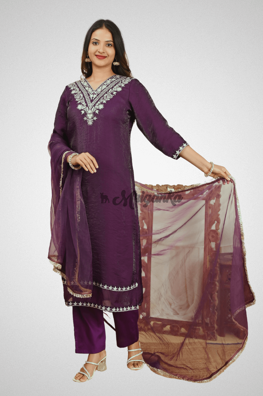 Wine Silk Straight Suit with Embroidery, Organza Dupatta & Glazed Cotton Pants - Buy at  Mriganka