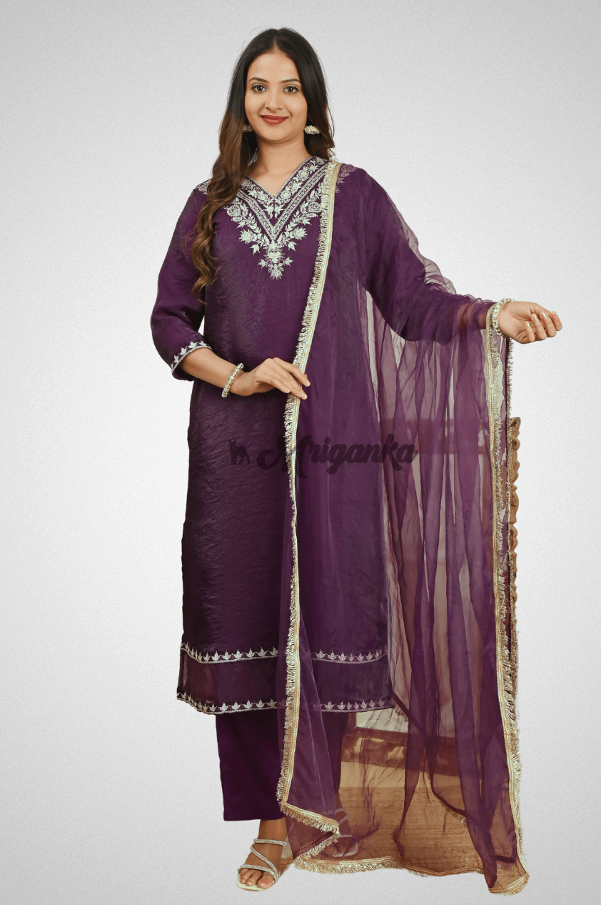 Wine Silk Straight Suit with Embroidery, Organza Dupatta & Glazed Cotton Pants - Buy at  Mriganka
