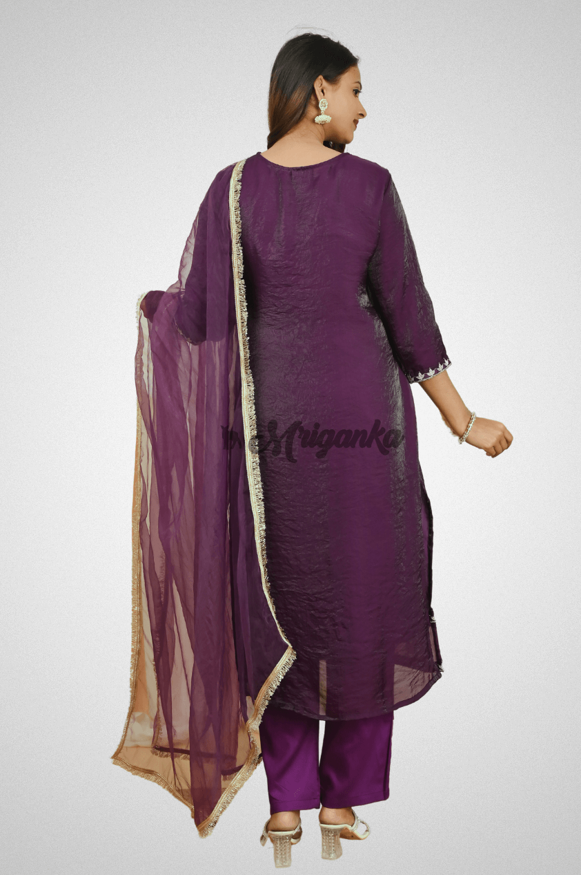 Wine Silk Straight Suit with Embroidery, Organza Dupatta & Glazed Cotton Pants - Buy at  Mriganka