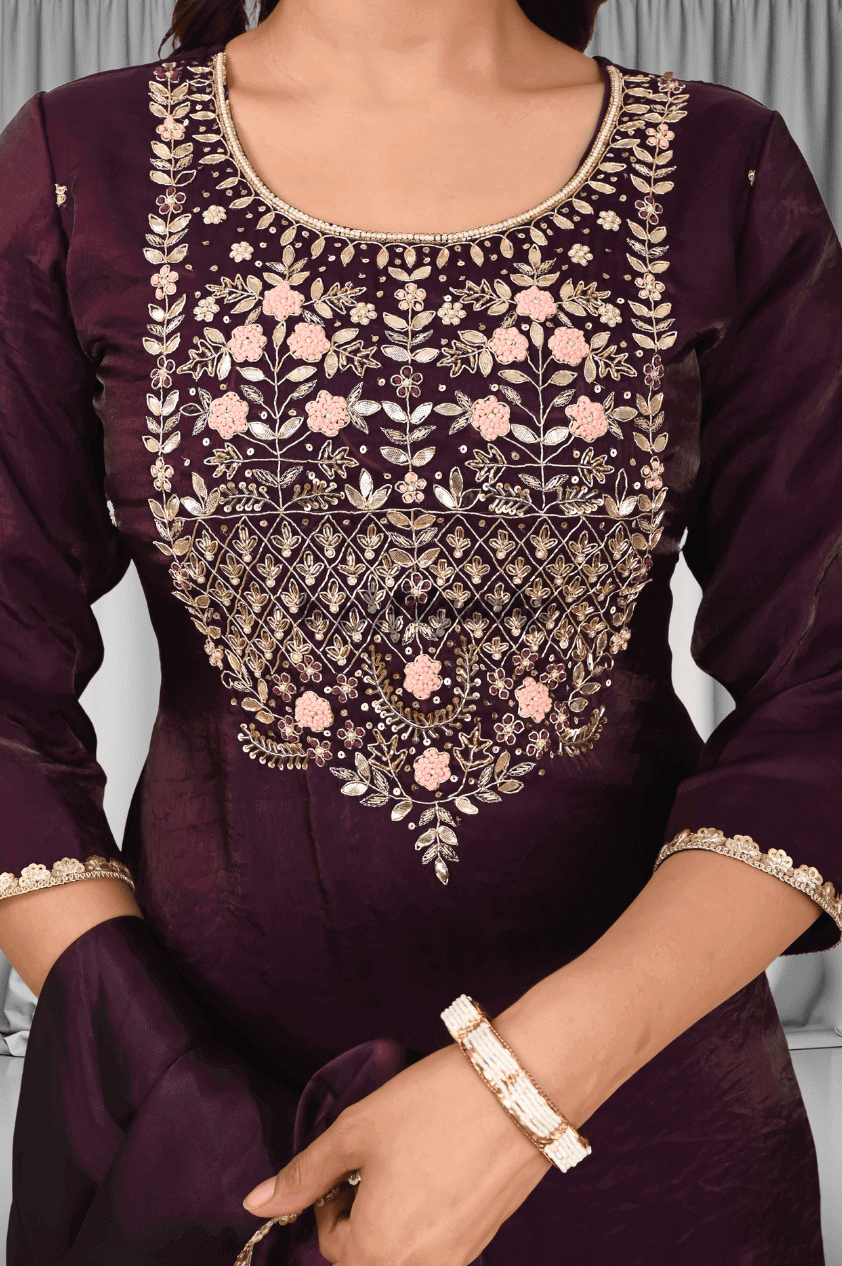 Straight Suit Set | Silk | Embroidery & Lace Work- Buy at Mriganka
