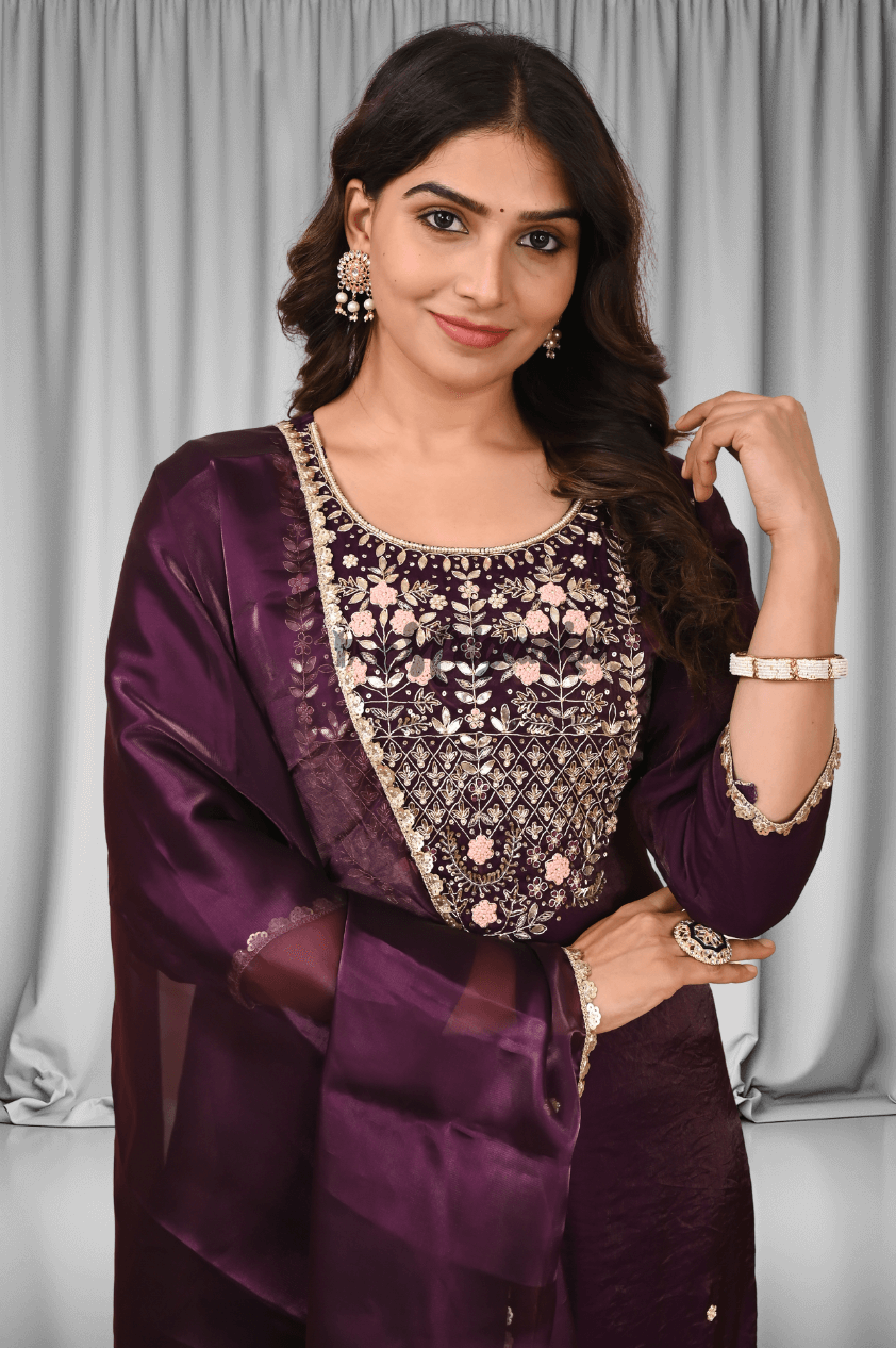 Straight Suit Set | Silk | Embroidery & Lace Work- Buy at Mriganka